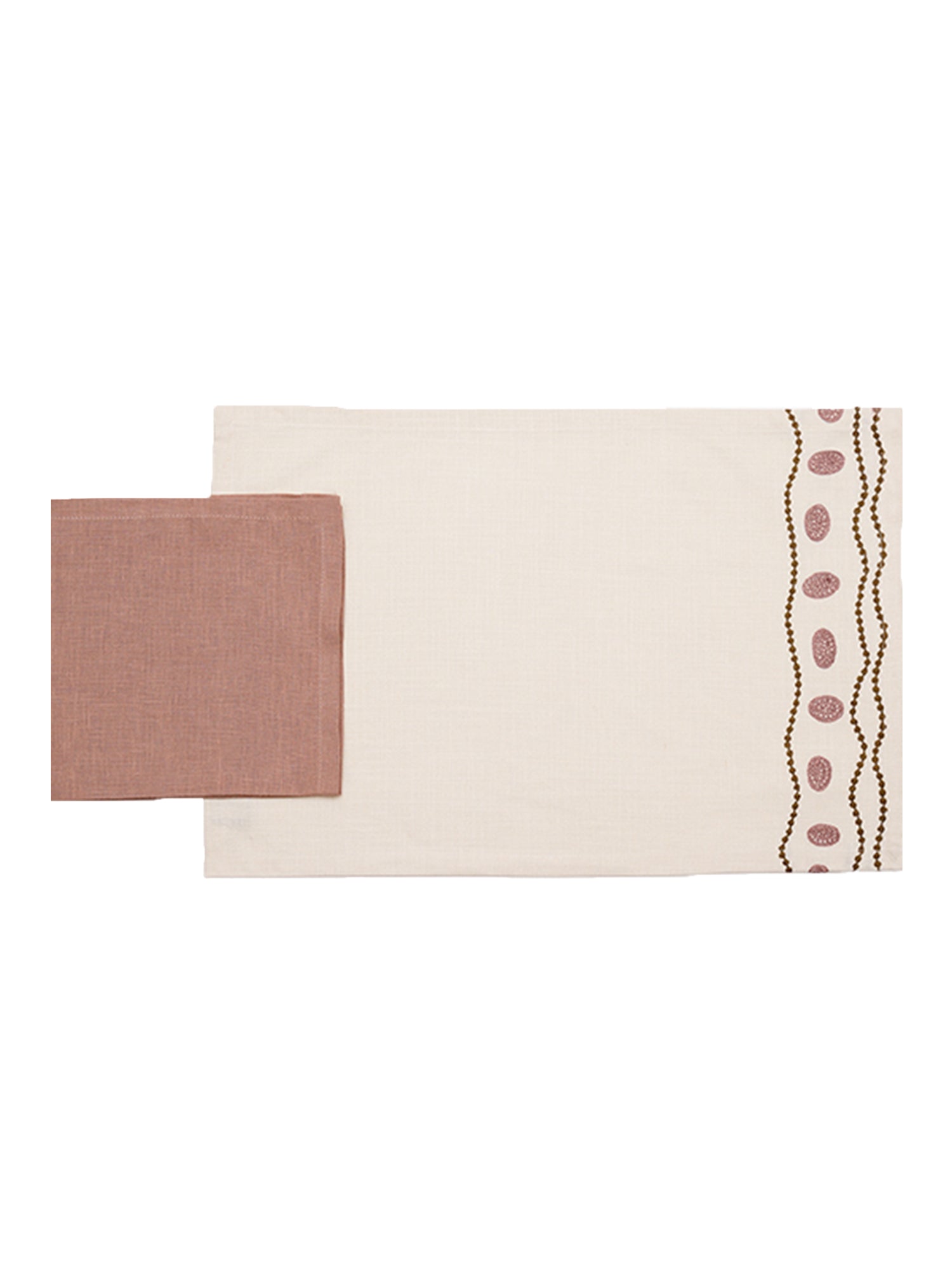 cotton embroidered placemats with napkin set in offwhite and coral color - 13x19 inch