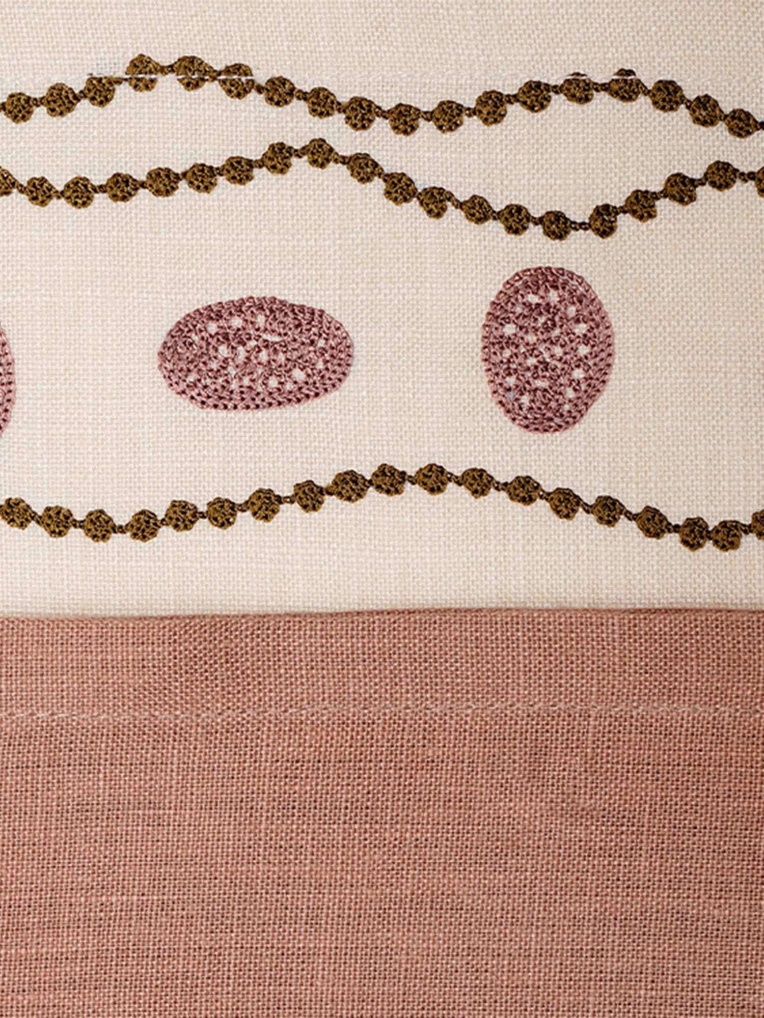 closeup of cotton embroidered placemats with napkin set in offwhite and coral color - 13x19 inch