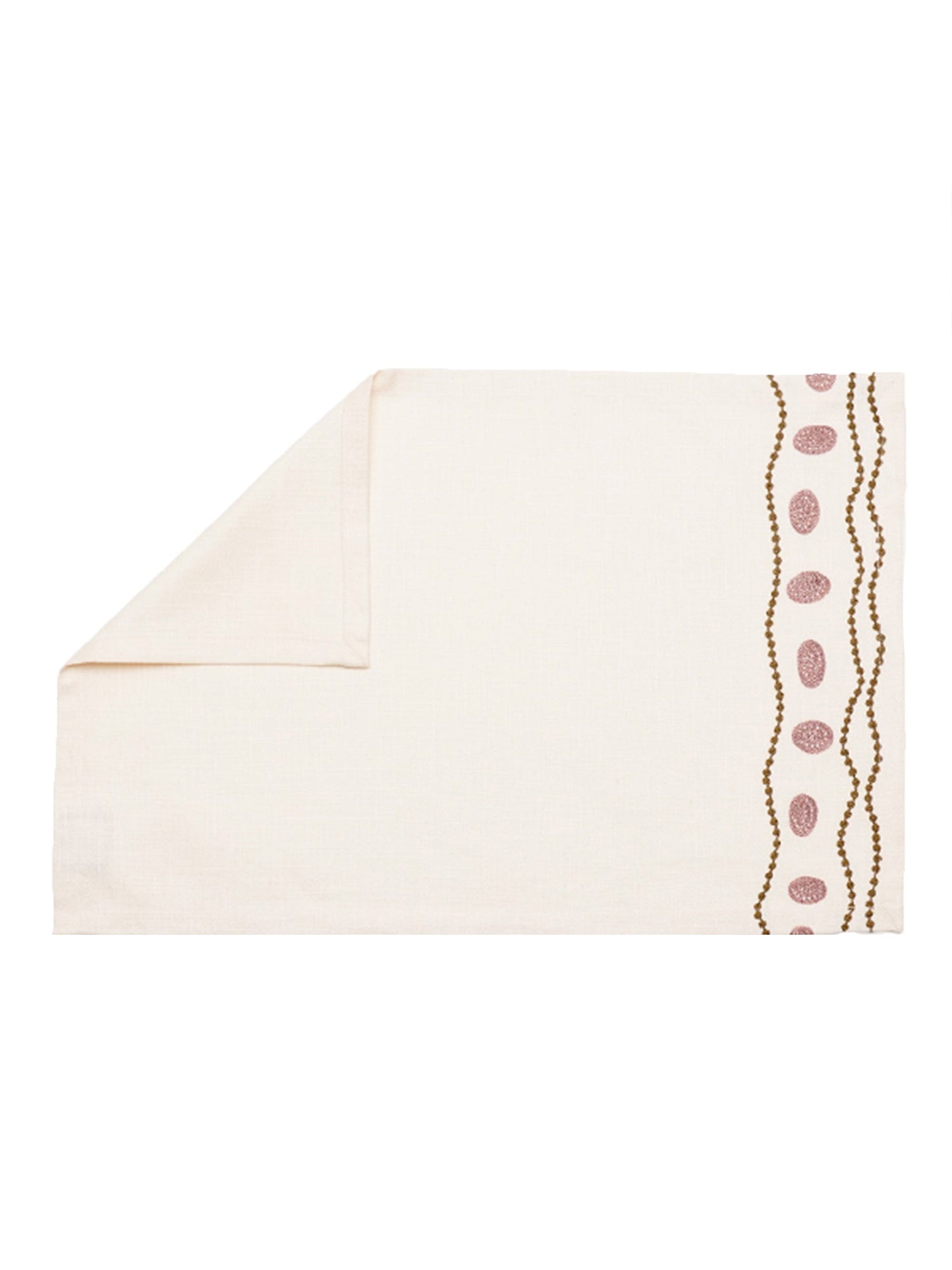 Table Mats and Napkins  Cotton Blend and 100% Cotton Embroidered Off-White and Coral - 13" x 19" ; 16" x 16" - Set of 6