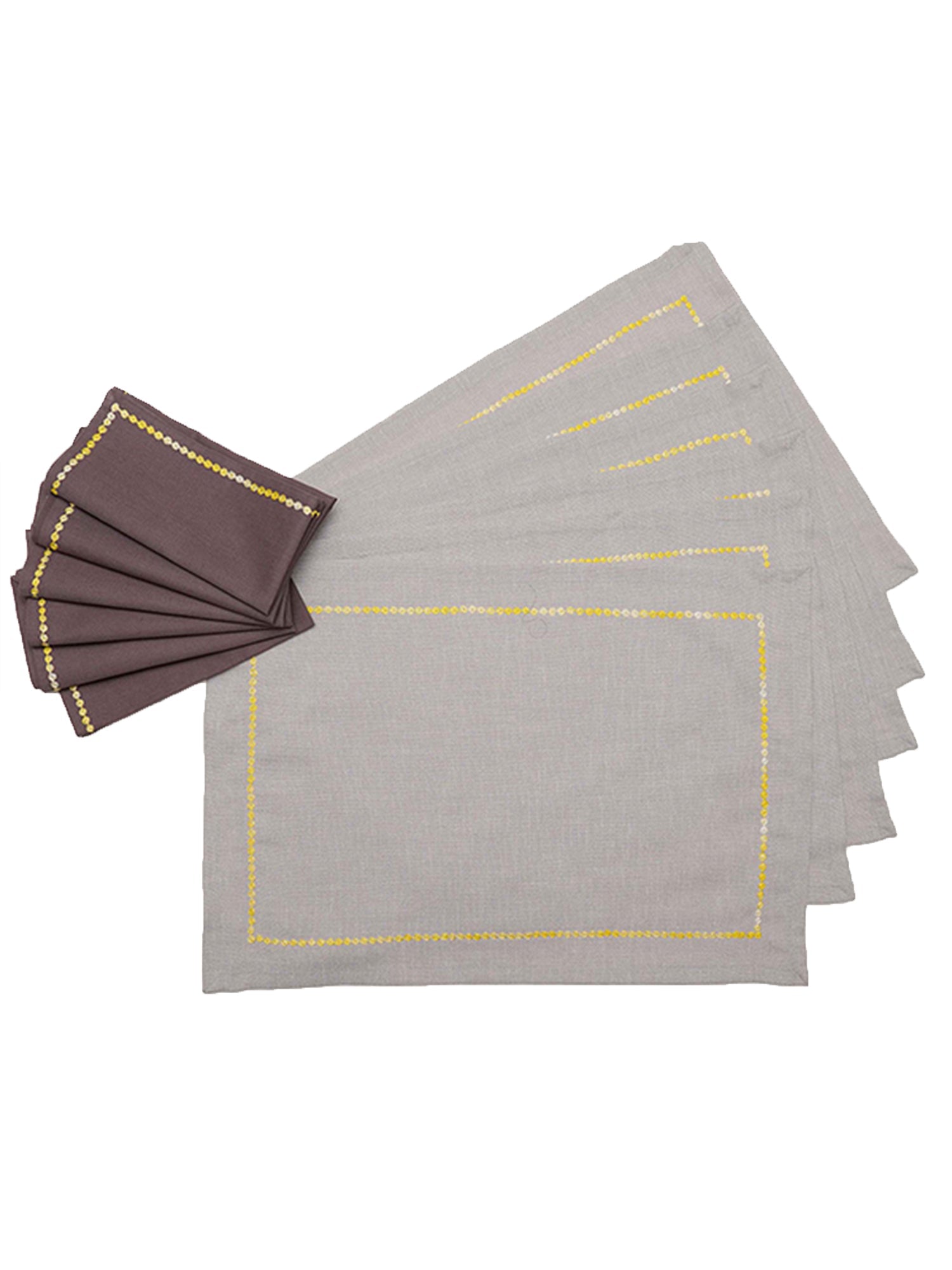 yellow embroidered grey colored placemats with grey colored cotton napkins - 13x19 inch