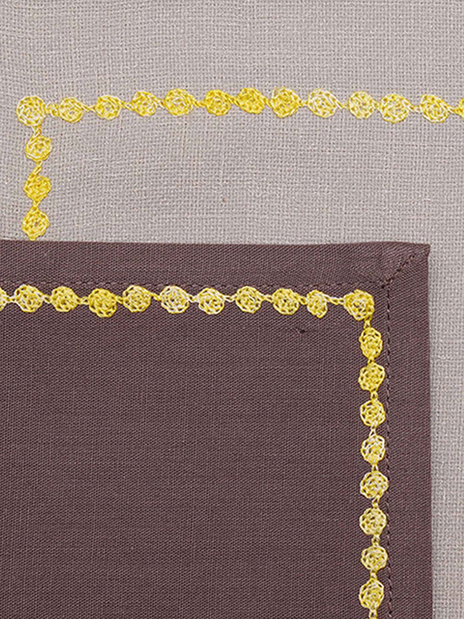 closeup of yellow embroidered grey colored placemats with grey colored cotton napkins - 13x19 inch