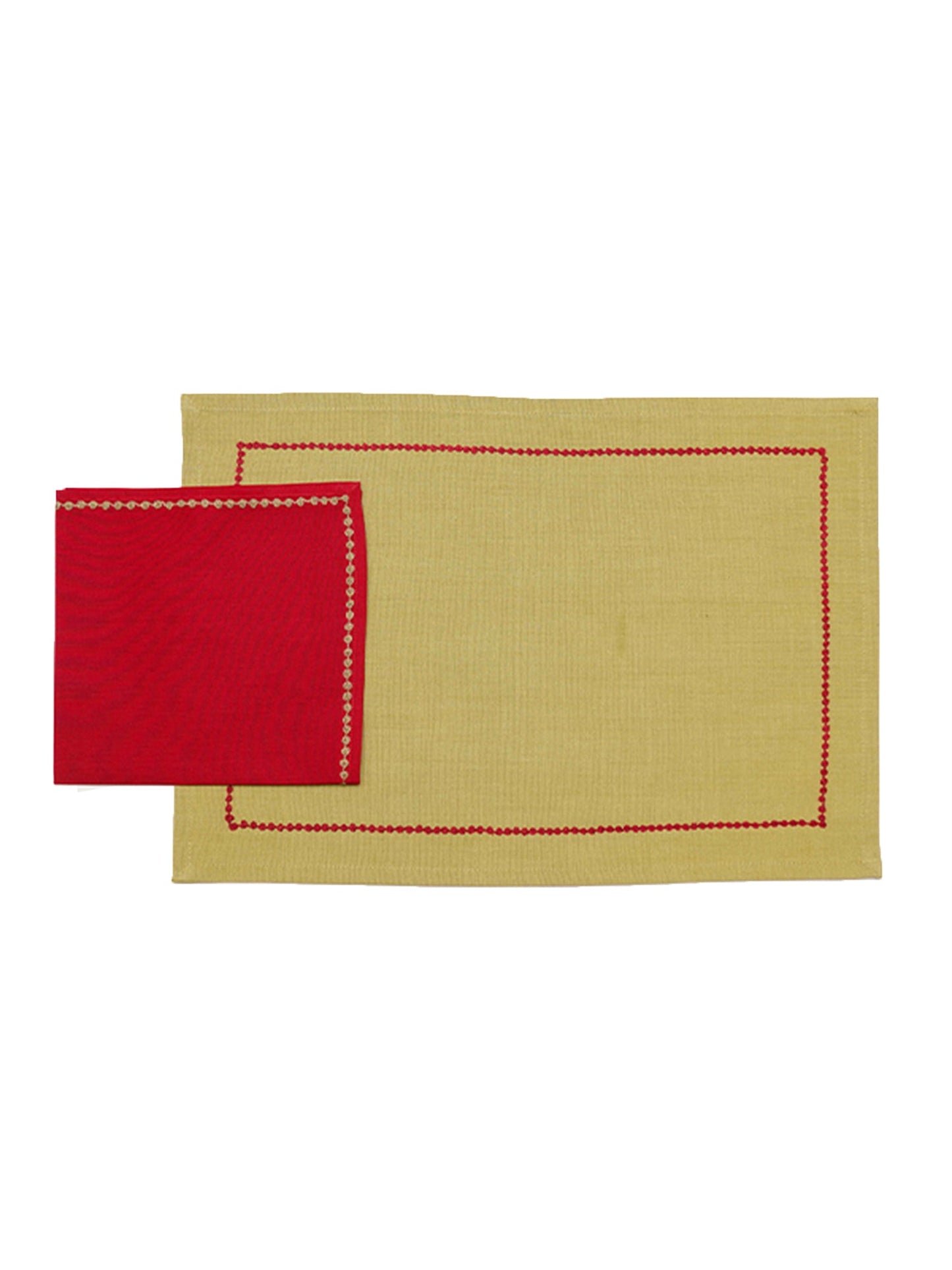 sage green colored embroidered placemats with red colored napkins in cotton fabric - 13x19 inch