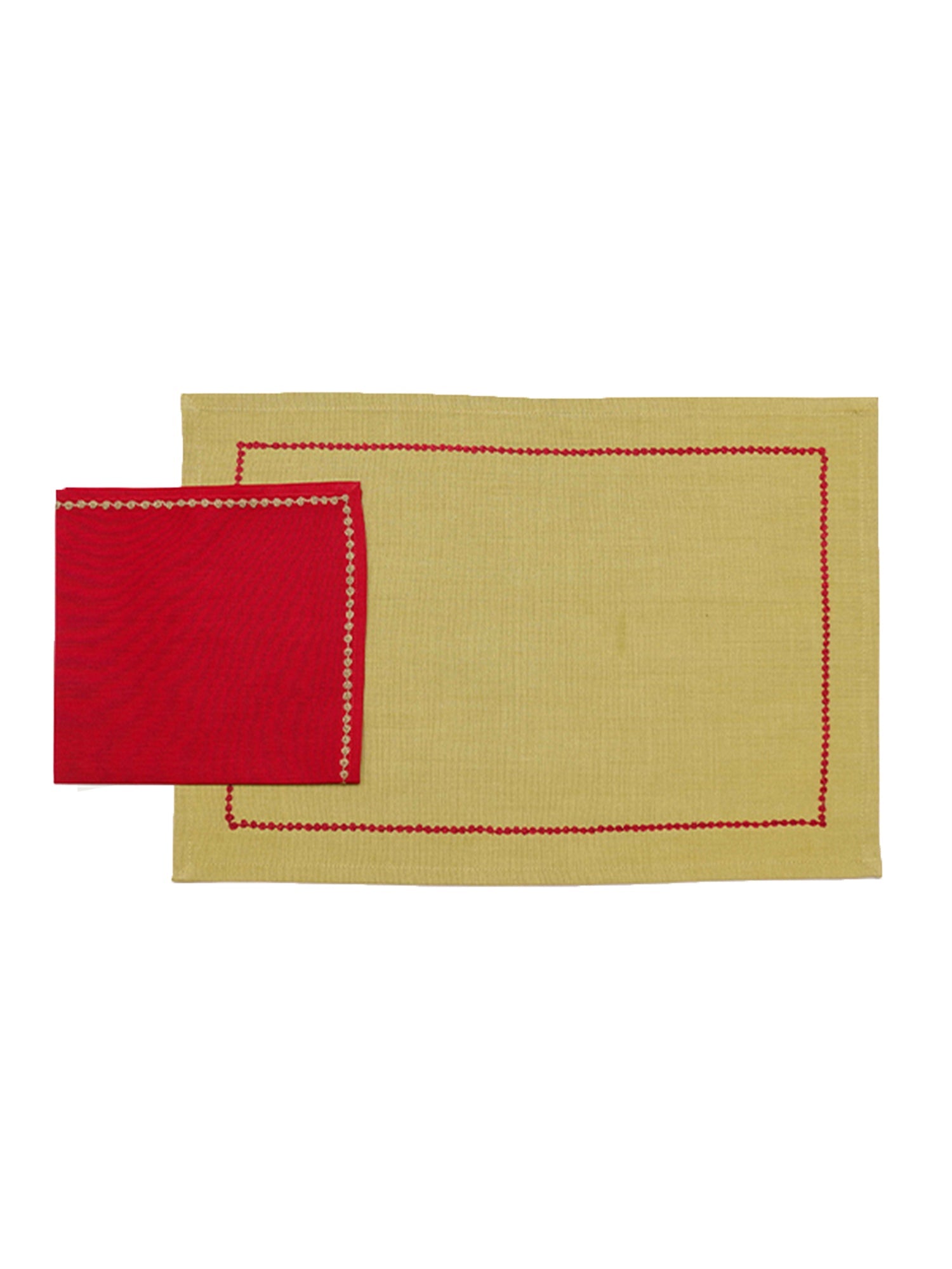 sage green colored embroidered placemats with red colored napkins in cotton fabric - 13x19 inch