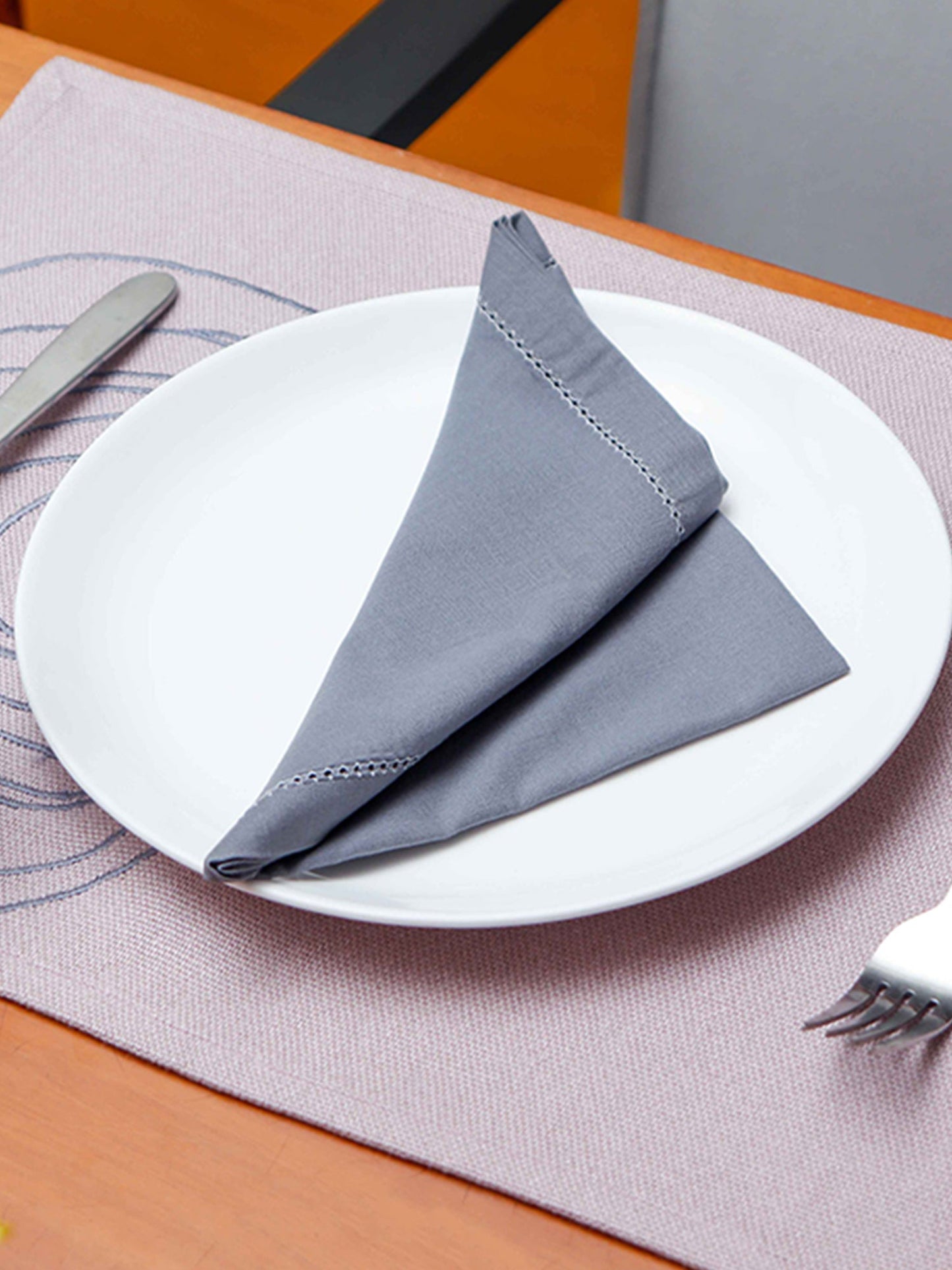 Table Mats and Napkins  Cotton Embroidered Dark Grey and Light Pink - 13" x 19" ; 16" x 16" - Set of 6