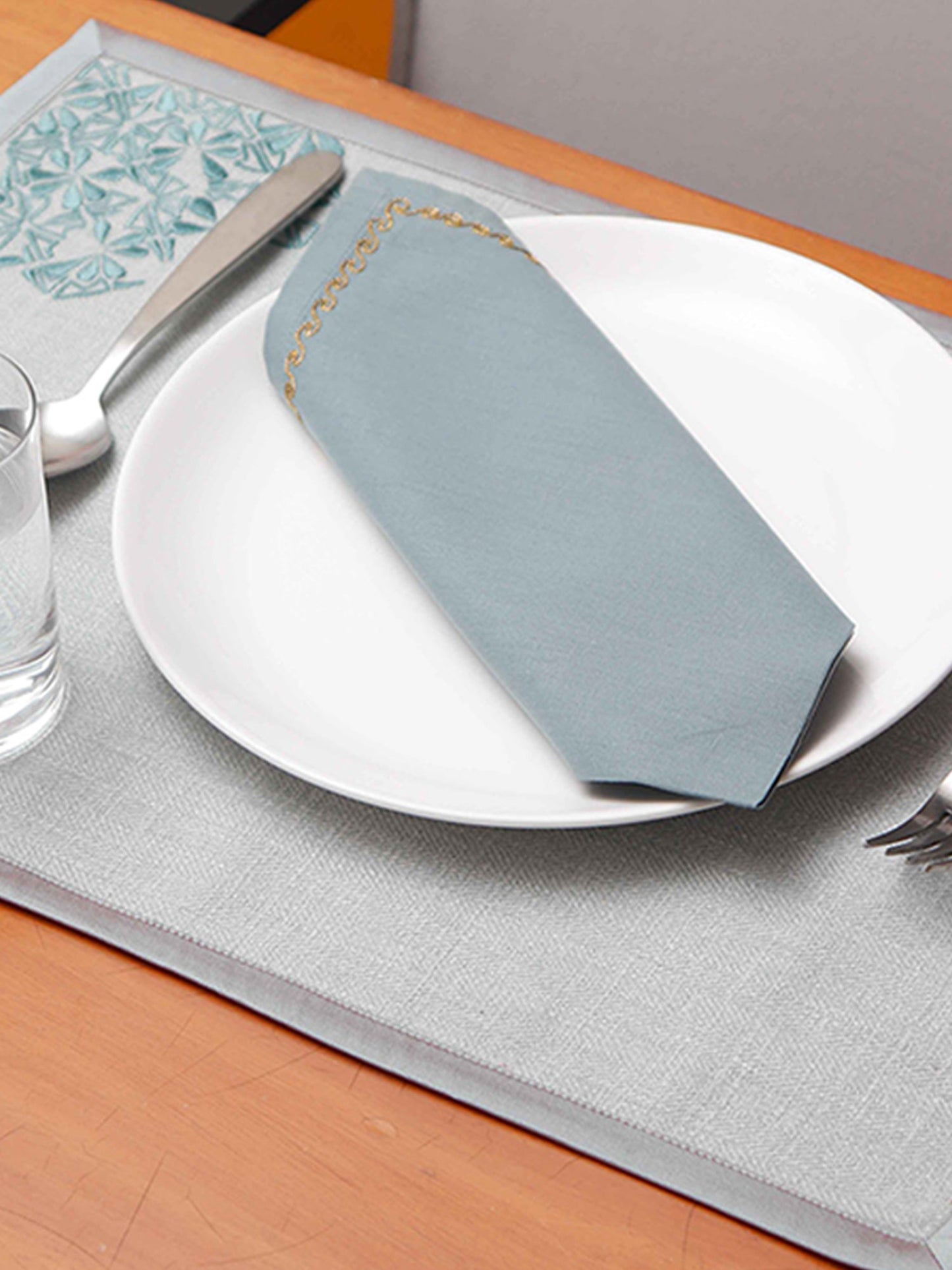 Table Mats and Napkins  Blended Cotton and 100% Cotton Embroidered Grey and Turquoise Blue - 13" X 19" ; 16" X 16" - Set of 6