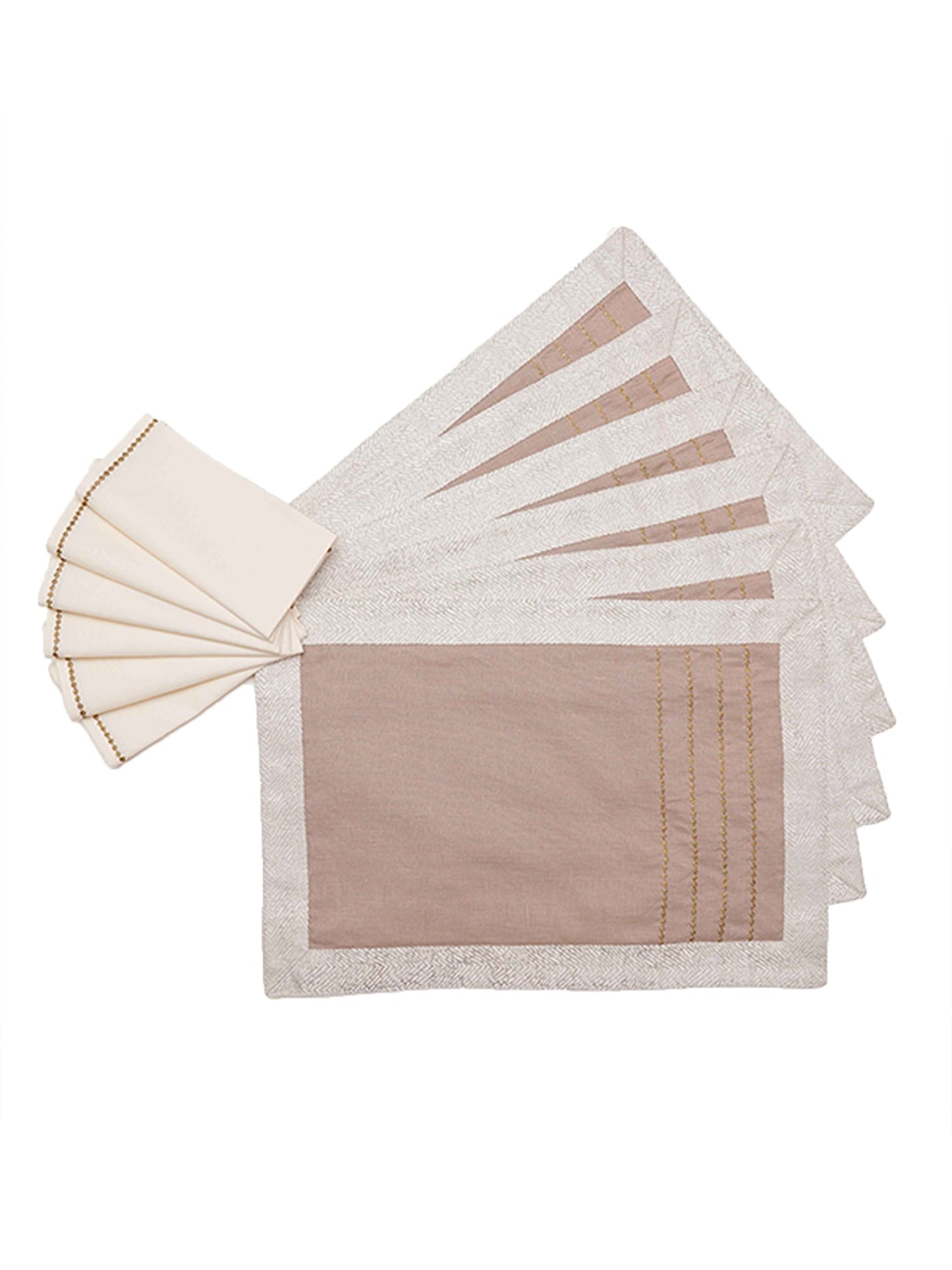 Table Mats and Napkins  Cotton and Polyester Embroidered Table Beige and Off-White - 13" x 19" ; 16" x 16" - Set of 6