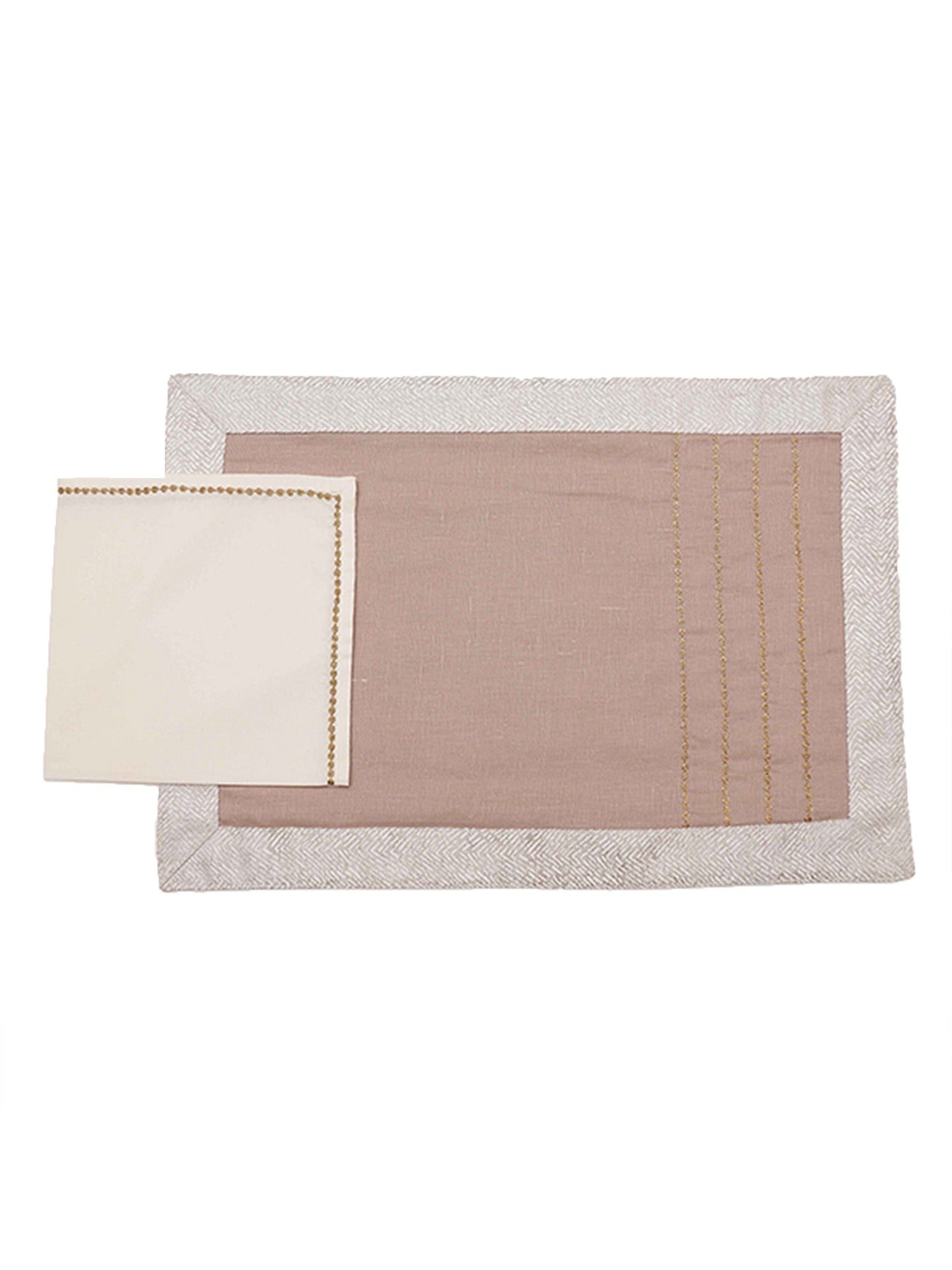 4 lines of golden embroidery on beige placemats with border and cotton napkins - 13x19 inch