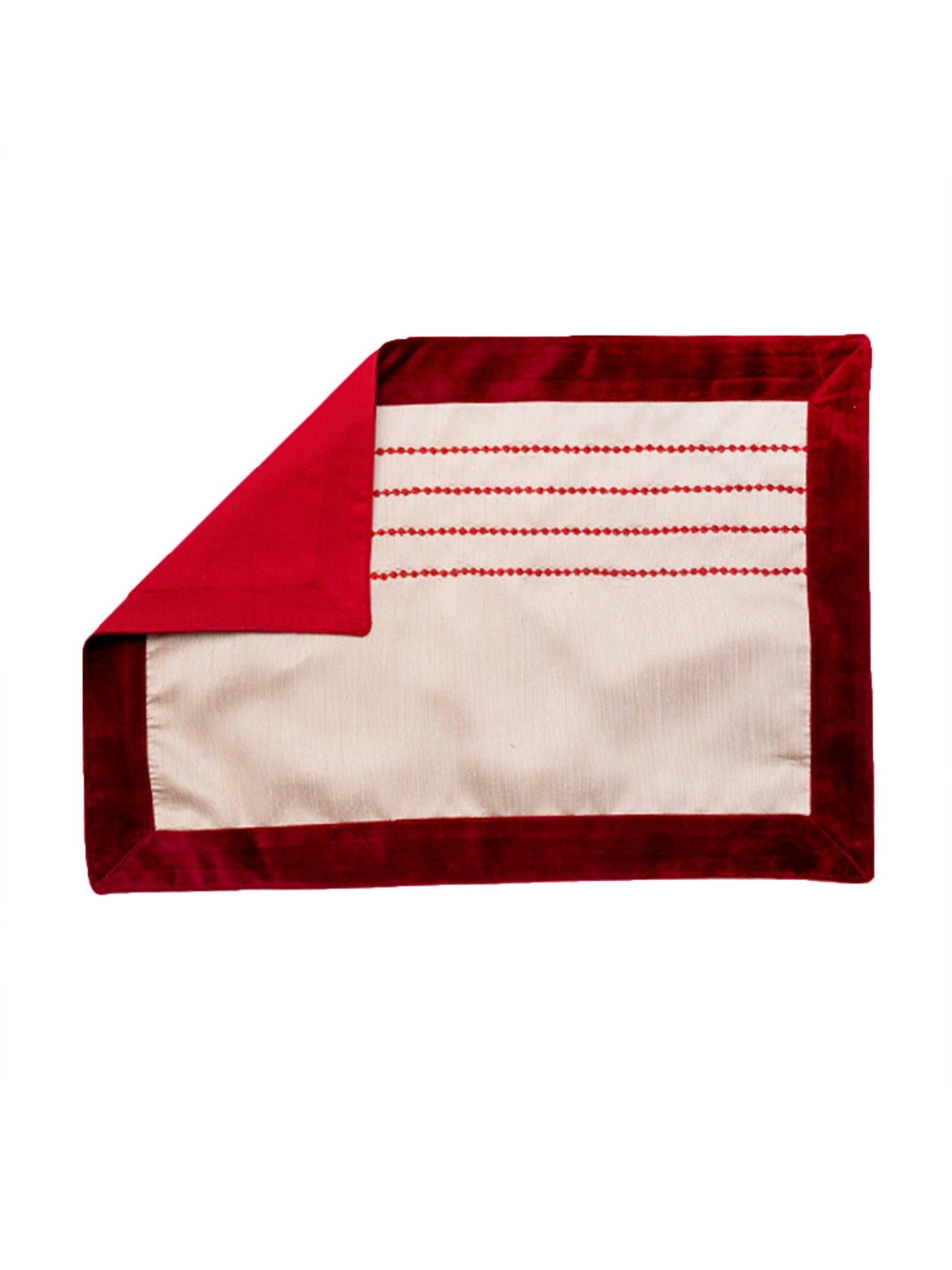 Table Mats and Napkins  Polyester and Cotton Embroidered Cream and Maroon - 13" x 19" ; 16" x 16" - Set of 6