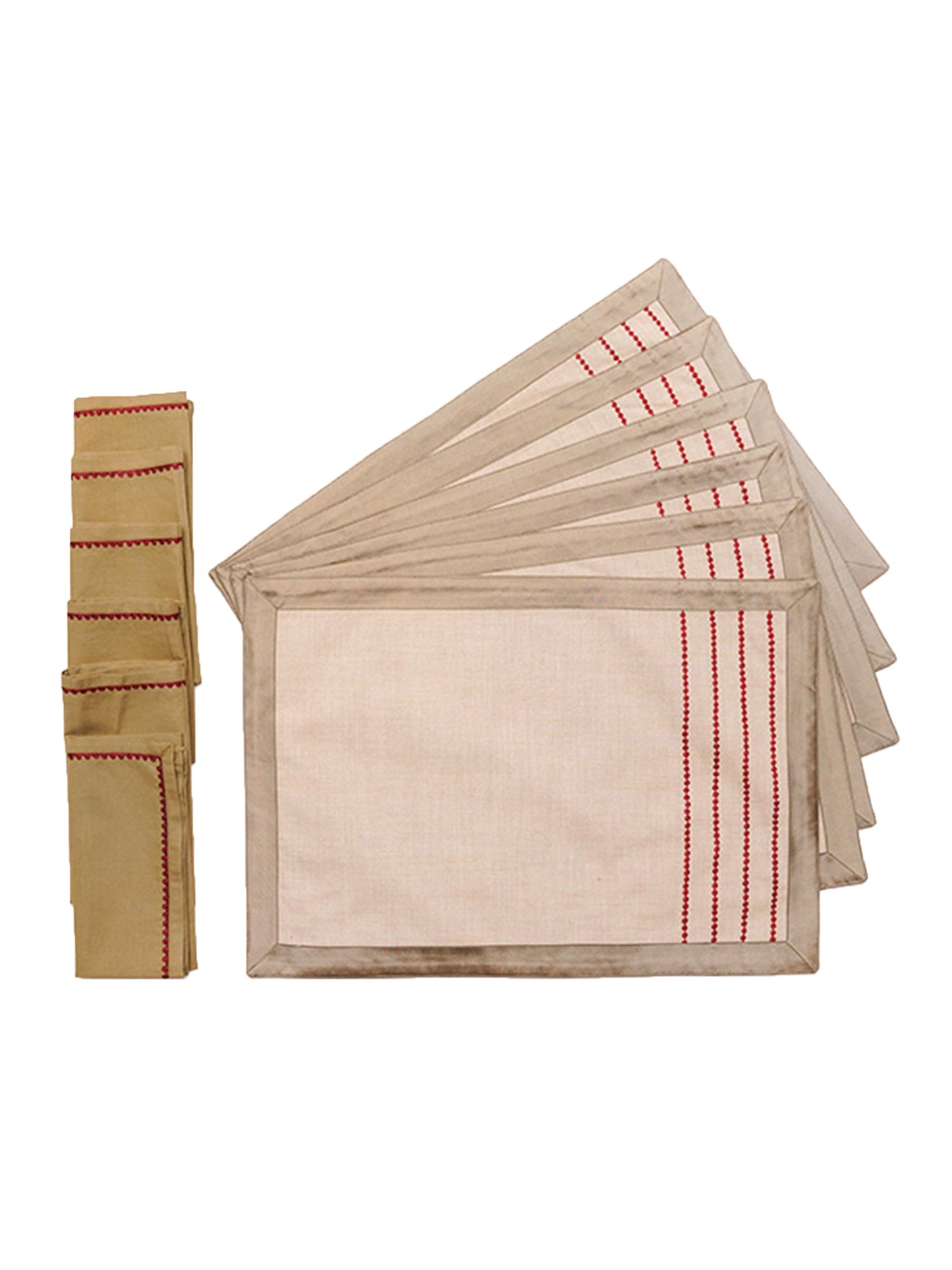 Table Mats and Napkins  Polyester and Cotton Embroidered Beige - 13" x 19" ; 16" x 16" - Set of 6