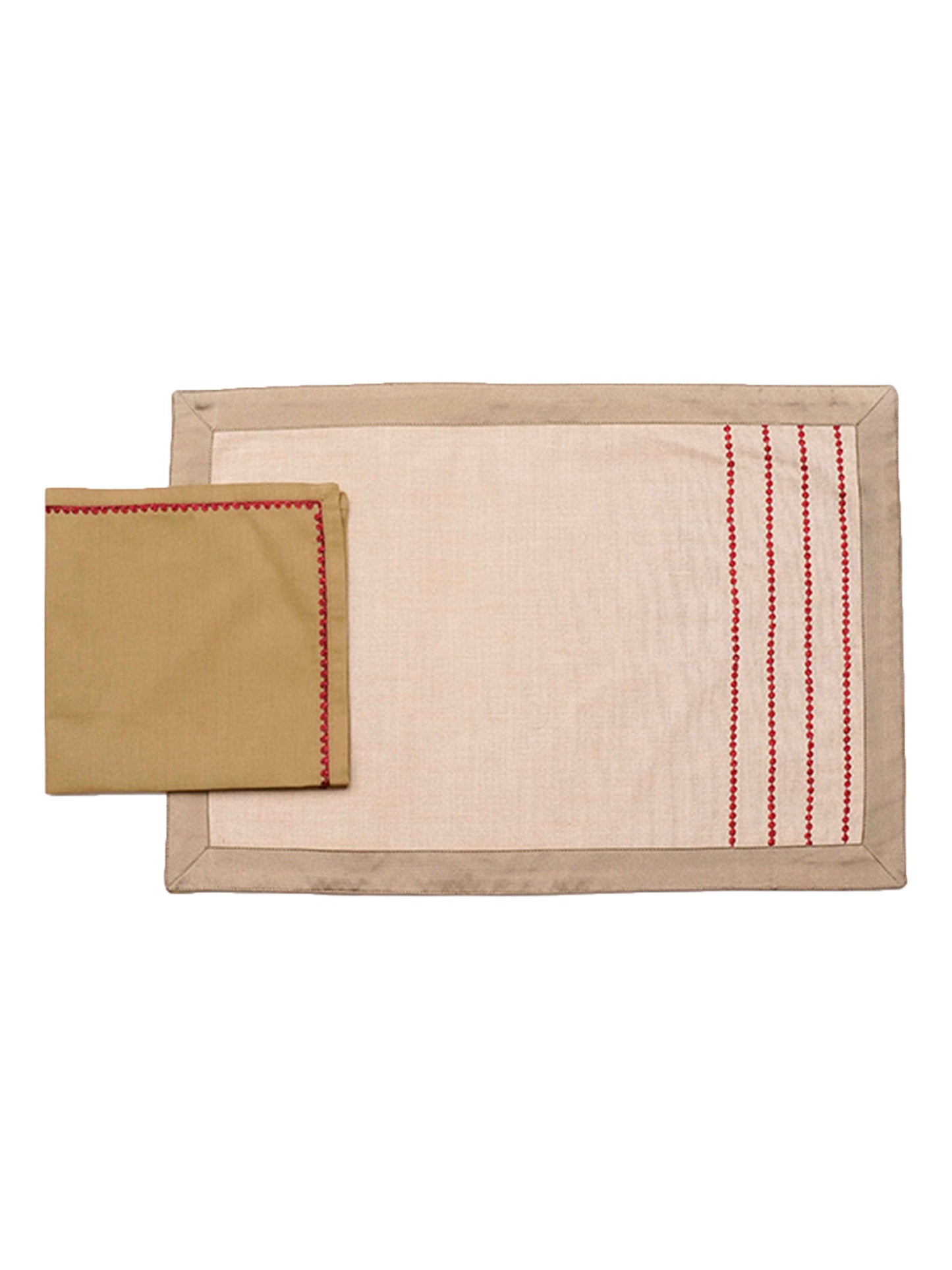 beige tablemats having red embroidered with flange border and set of cotton napkins beige - 13x19 inch