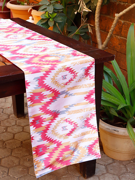 hand embroidered table runner with ikat print - 12x84 inch