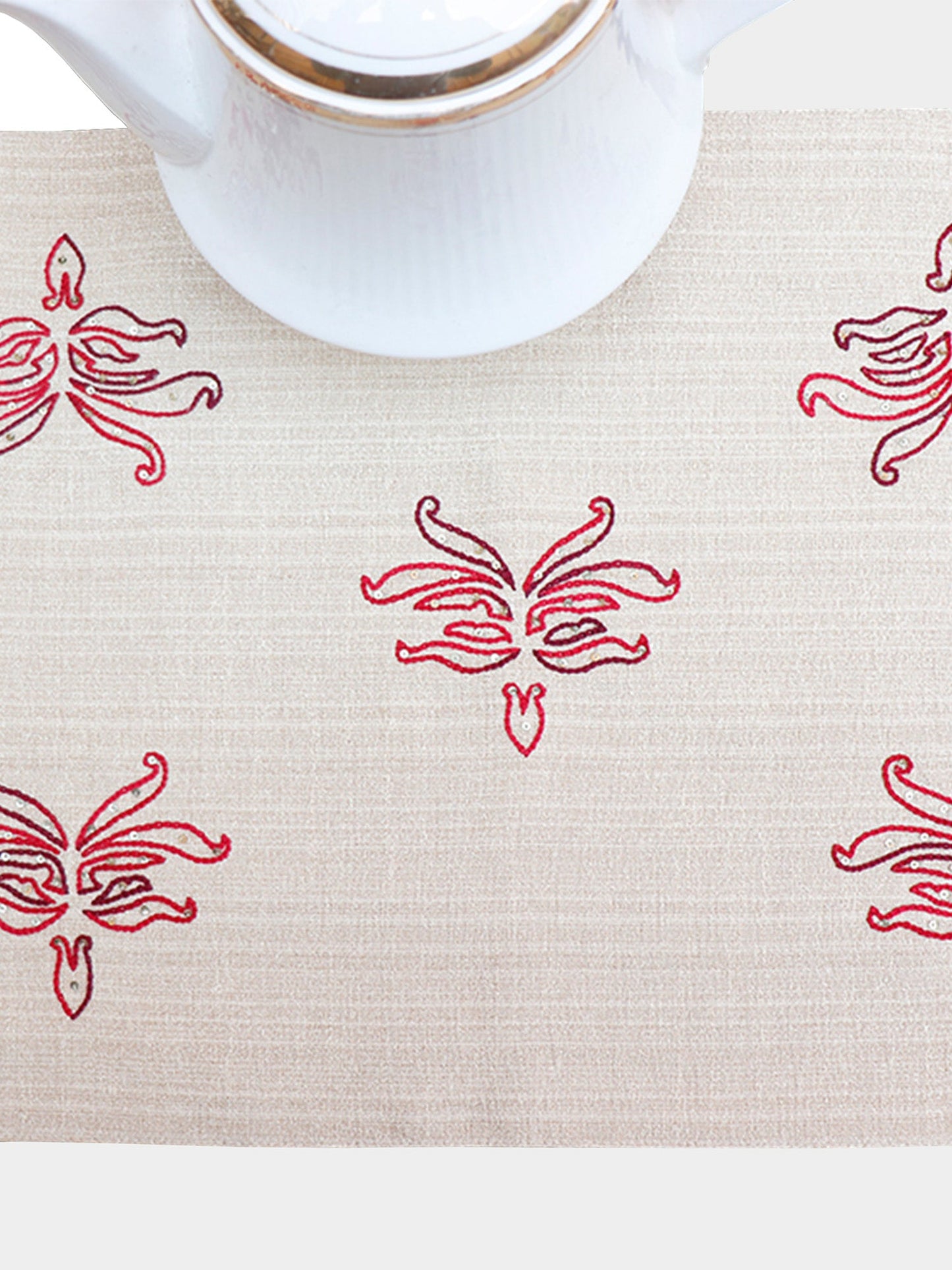 hand embroidered white table runner with floral pattern  for 6 seater table - 12x84 inches
