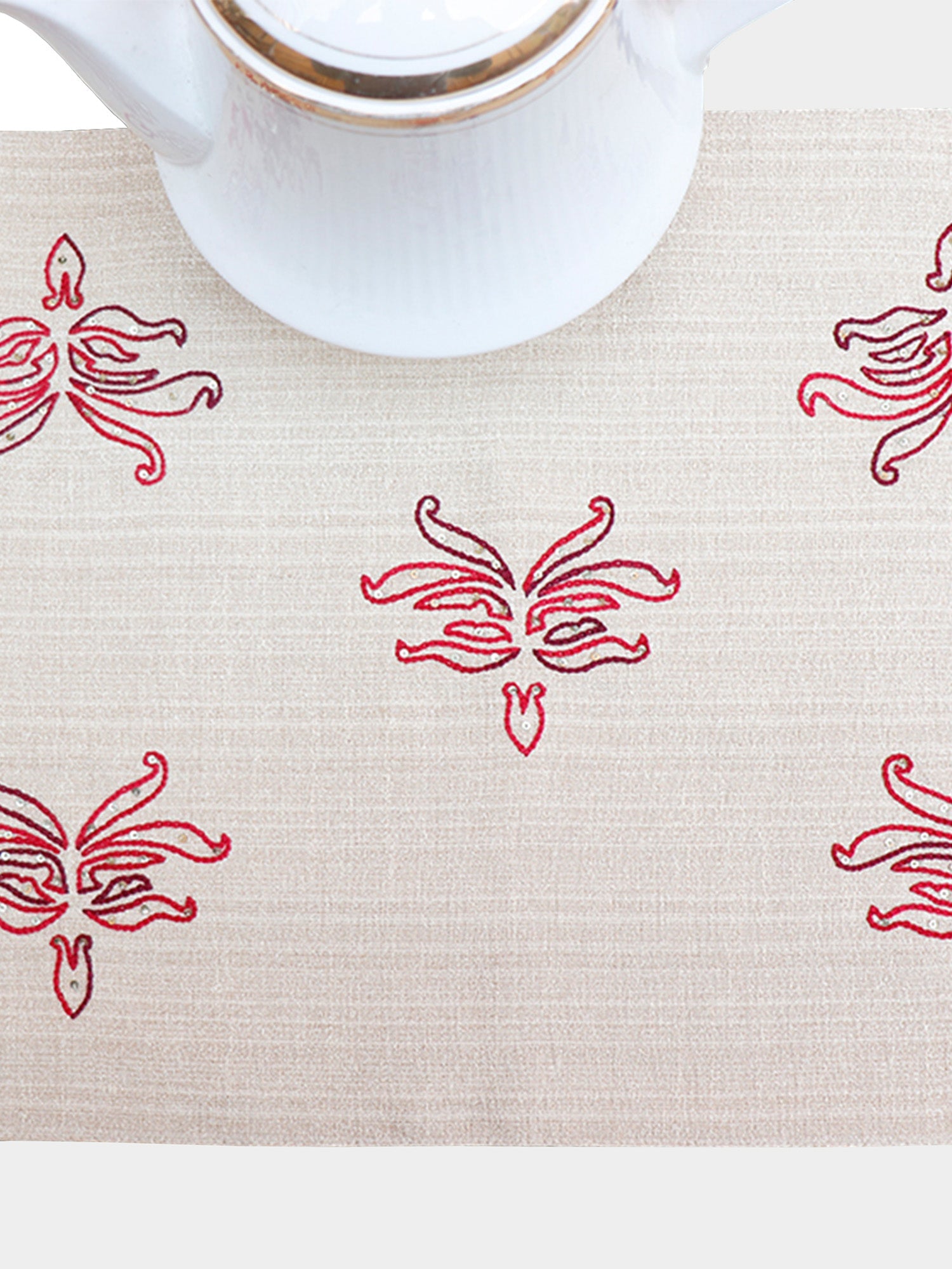 hand embroidered white table runner with floral pattern  for 6 seater table - 12x84 inches