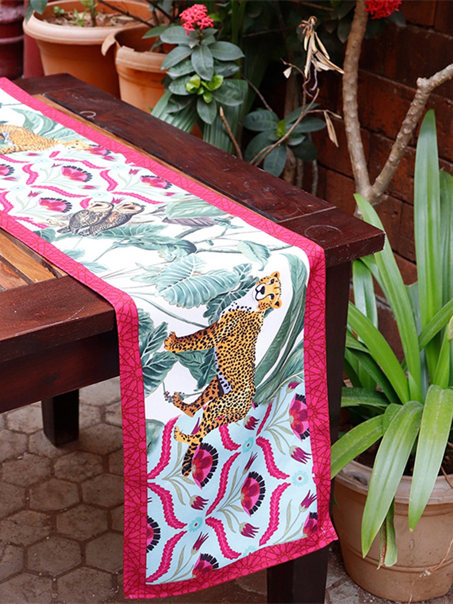 forest inspired table runner with leopard and owl print for 6 seater dining table - 12x84inch