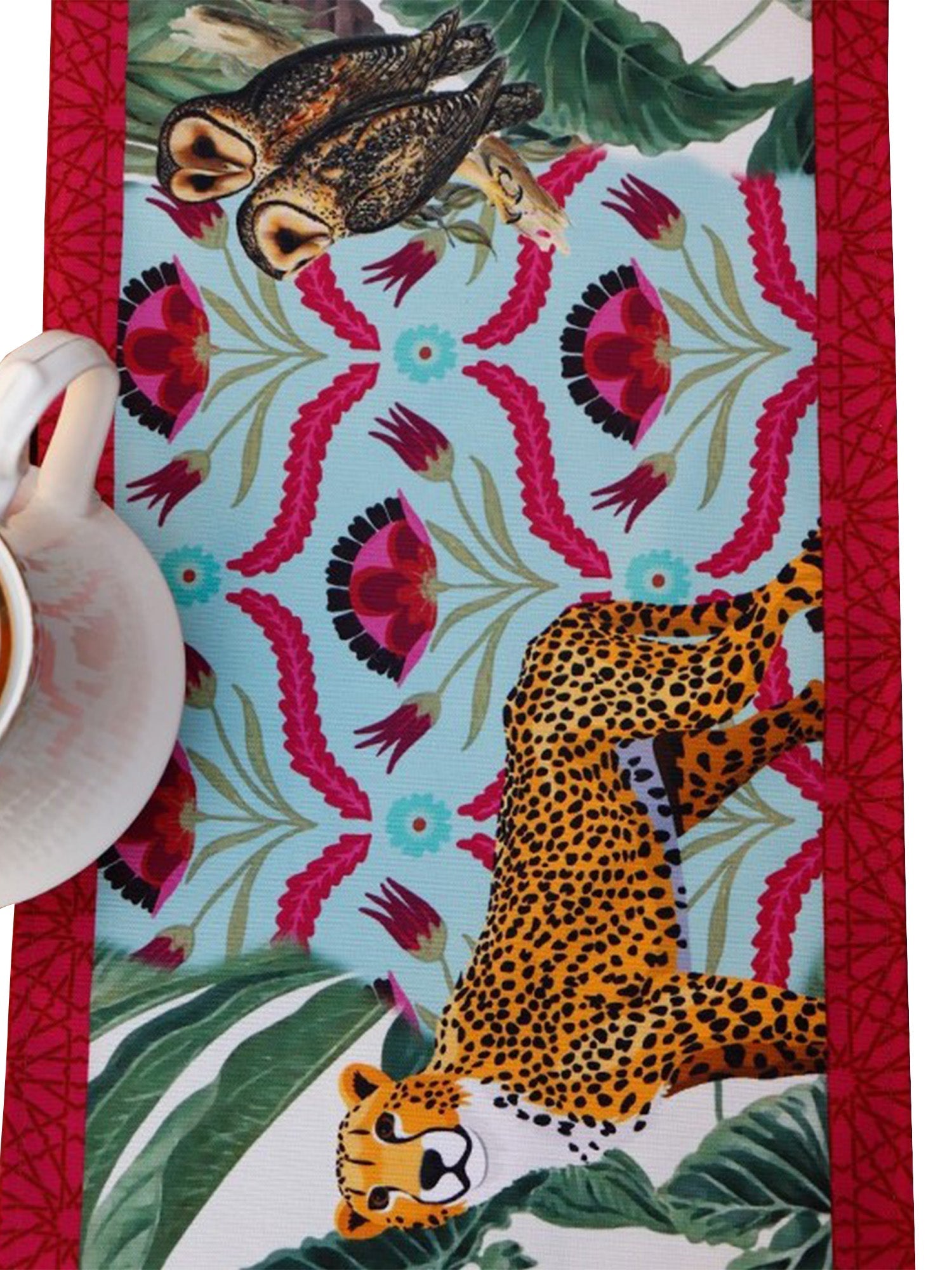 forest inspired table runner with leopard and owl print for 6 seater dining table - 12x84inch