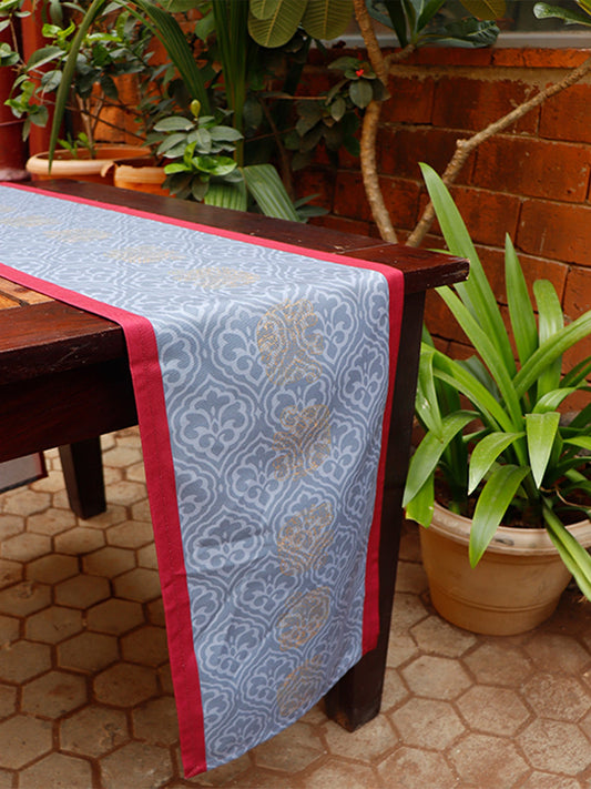 Table Runner Poly Canvas Block Print With Elephant Motif  Maroon Grey - 12" X 84"