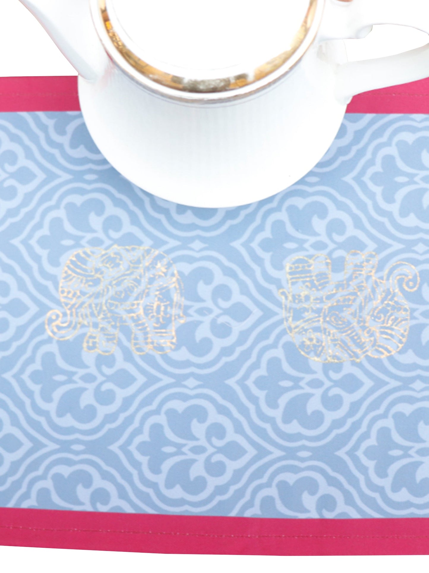 Table Runner Poly Canvas Block Print With Elephant Motif  Maroon Grey - 12" X 84"
