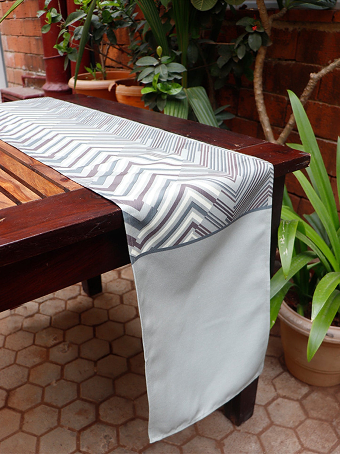 Table Runner Poly Canvas Geometric Digital Printed Sage Green  - 12" X 84"