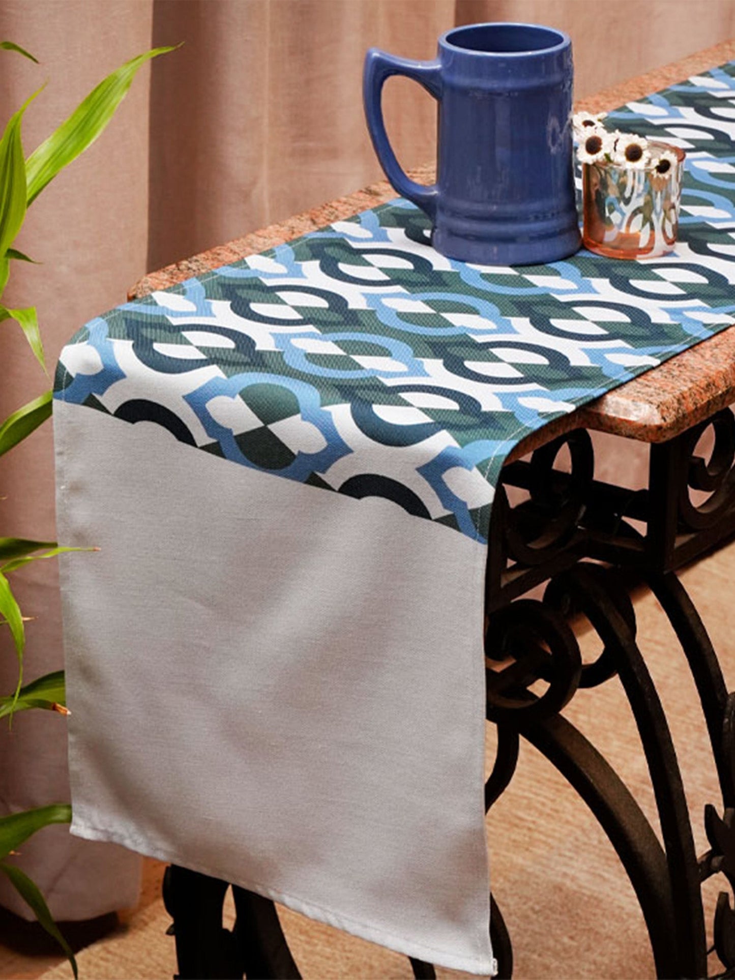 Table Runner Poly Canvas Geometric Print Blue - 12" X 84"