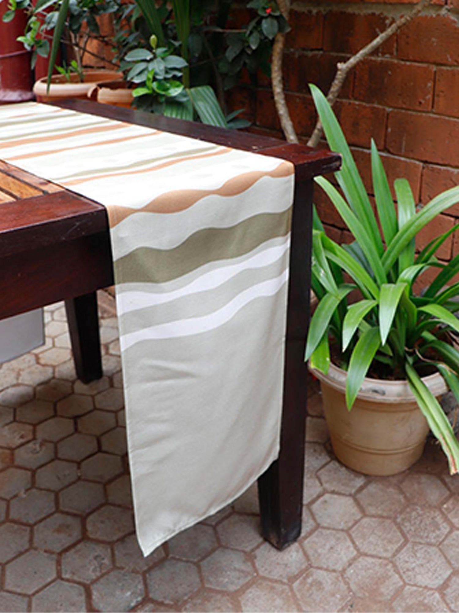 Table Runner Poly Canvas Abstract Striped Beige And Brown  - 12" X 84"