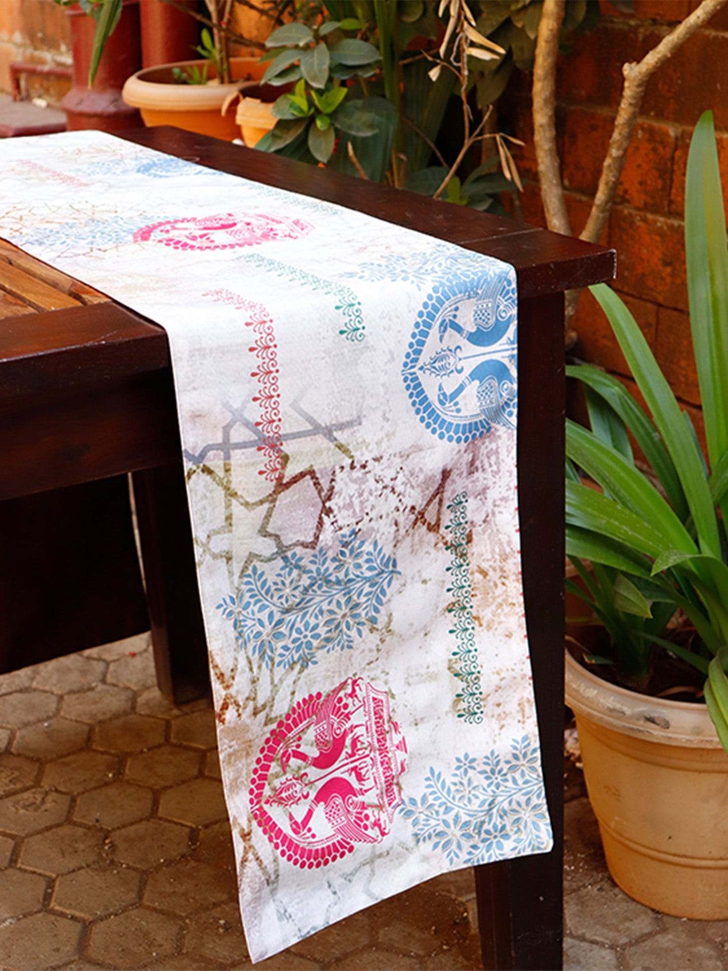 Table Runner Poly Canvas Abstract Jaipur Print With Embroidery Multi  - 12" X 84"