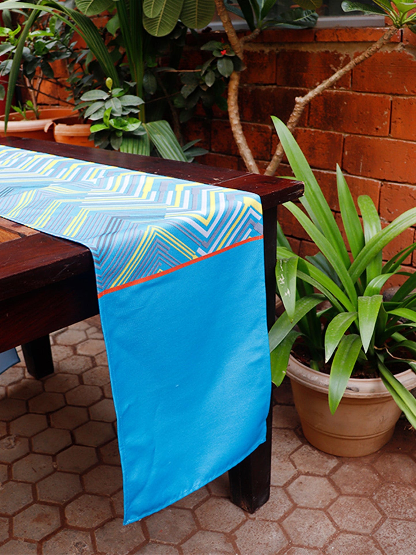 Table Runner Poly Canvas Chevron Pattern  Blue Yellow - 12" X 84"