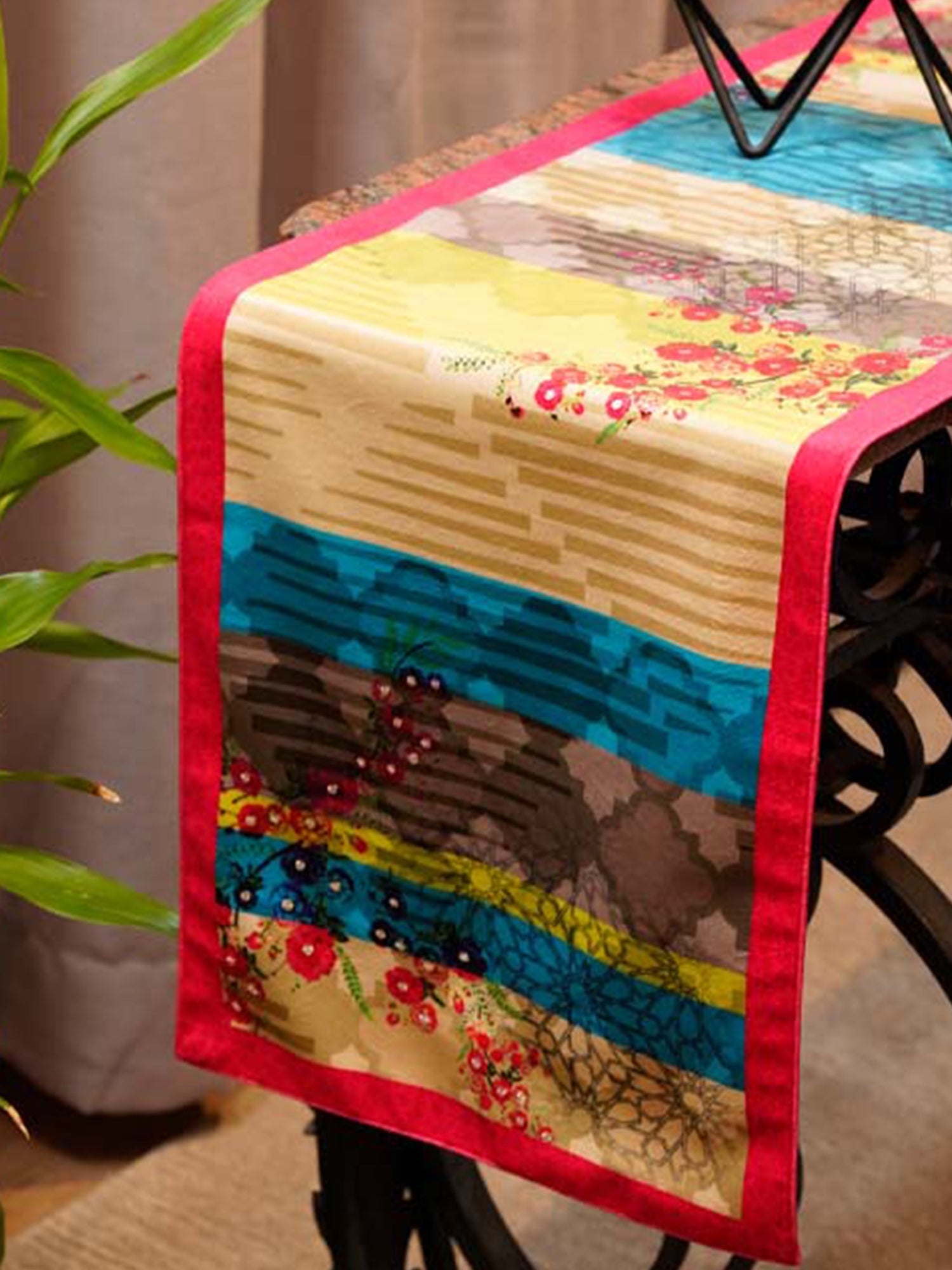 velvet table runner with abstract print for 6 seater table - 12x84 inches