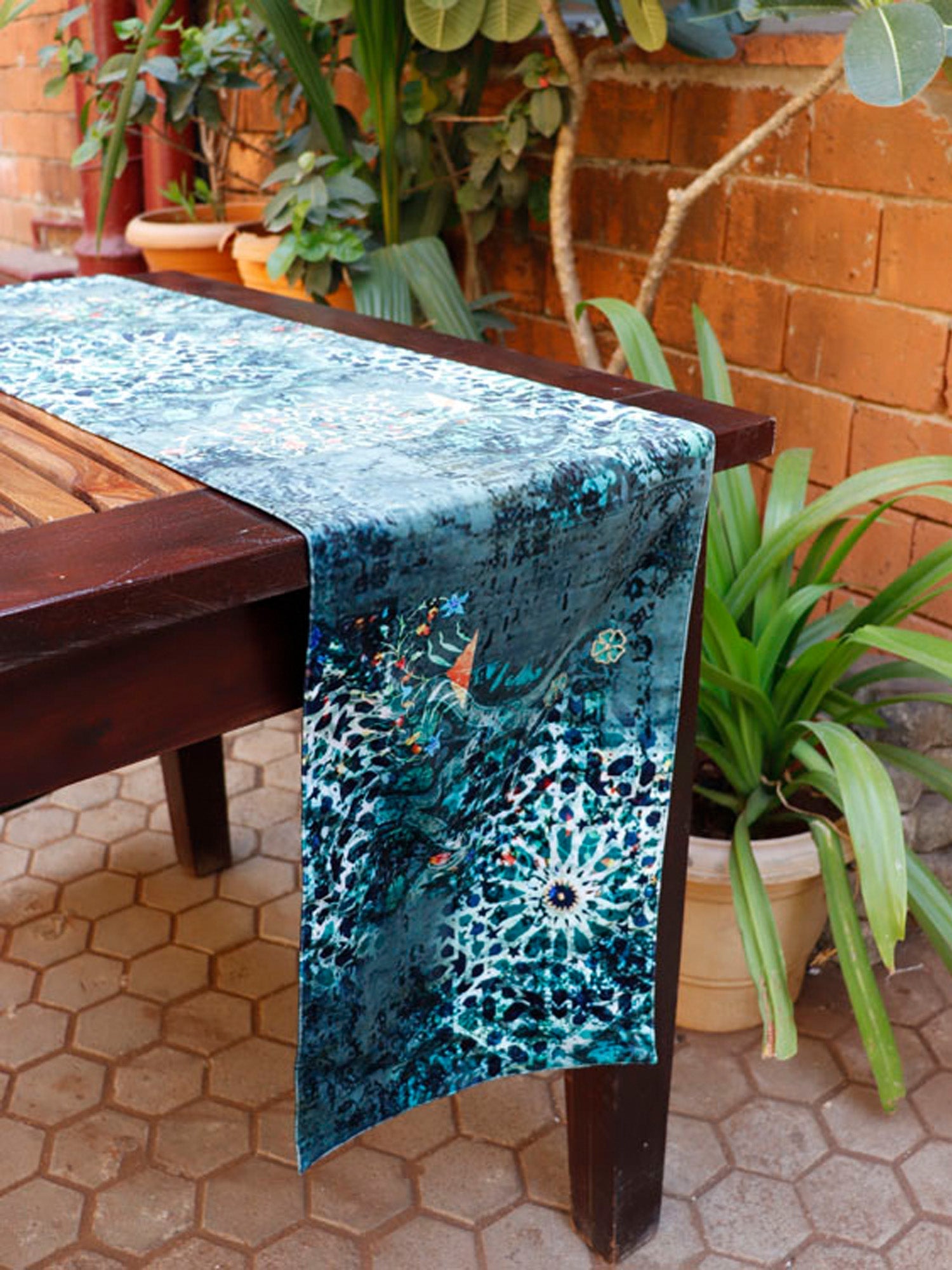 Table Runner Embroidered Moghul Inspired Digital Print - Velvet | Emerald Green - 12" X 84"