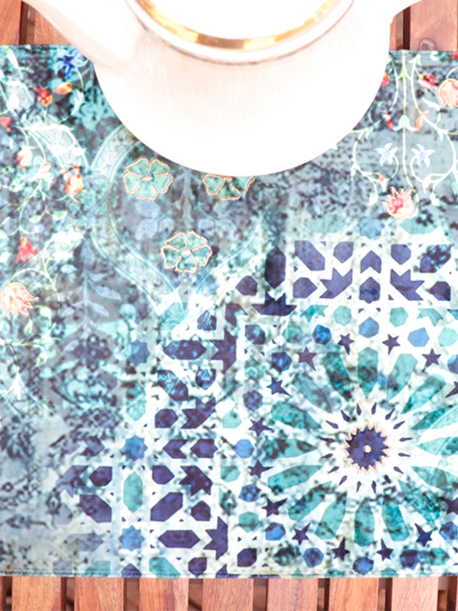 velvet table runner with mughal inspired print and embroidery - 12x84 inch