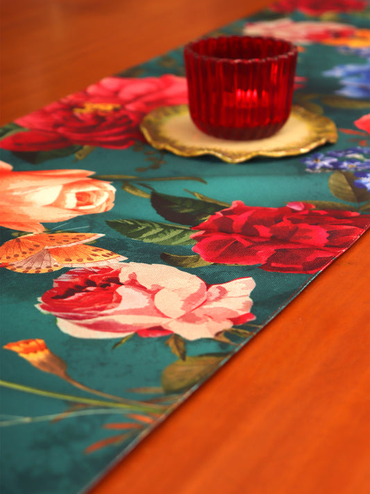 Table Runner for 4/6 Seater Floral Printed with Patchwork and Gather Pleated with Tassels Polyester Blend Red - 12in x 84in
