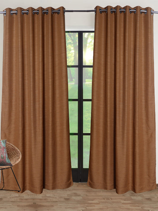 set of 2 curtains in self textured ochre brown color with eyelet - 7feet, 54x84 feet