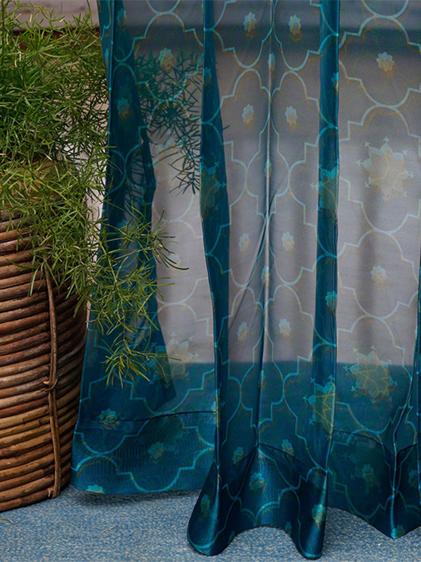 Door Transparent Sheer Curtain Polyster Moroccon Ogee Teal - 54" X 90"