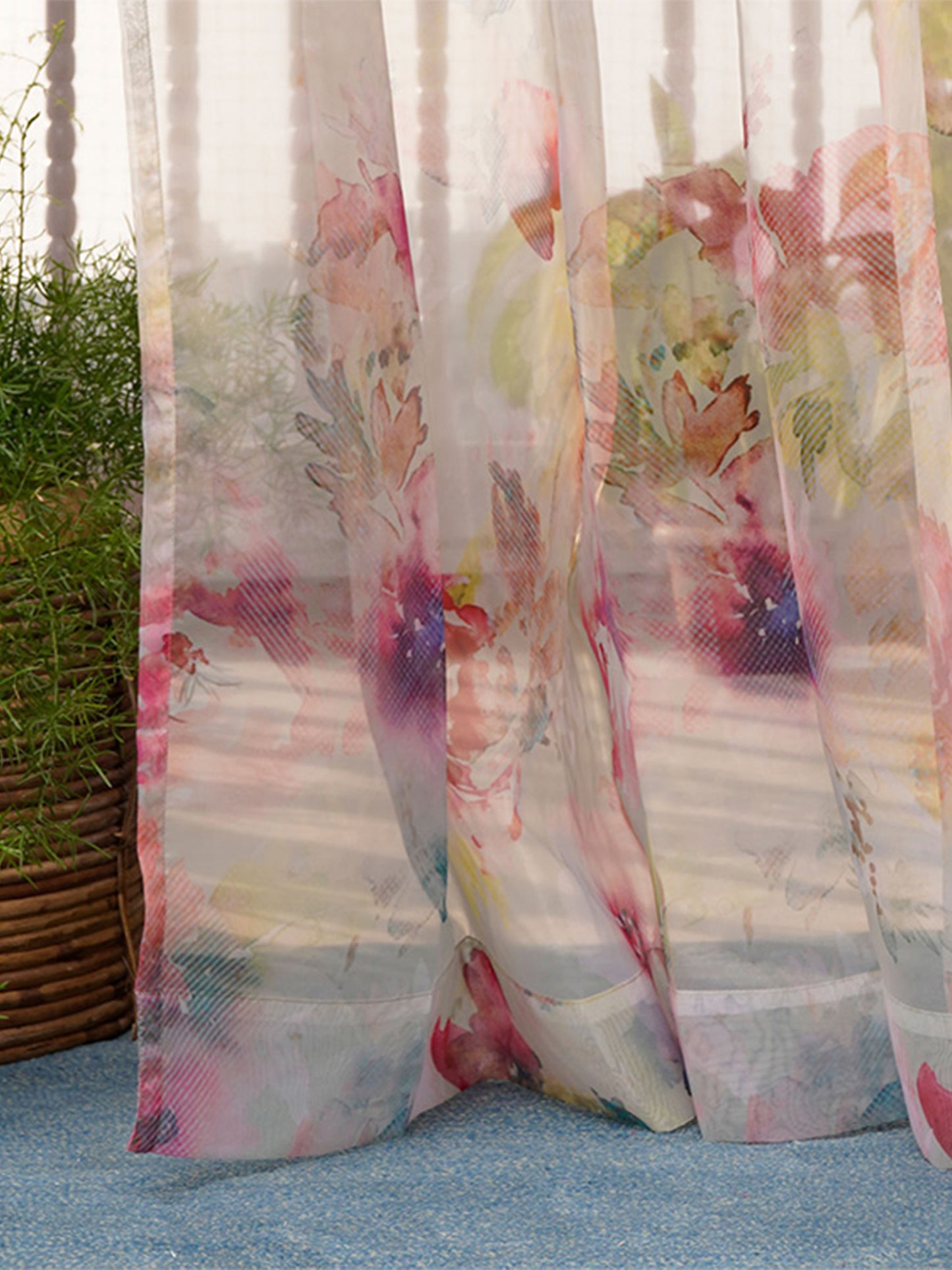 Door Transparent Sheer Curtain Polyester Abstract Floral Red- 54" X 90"