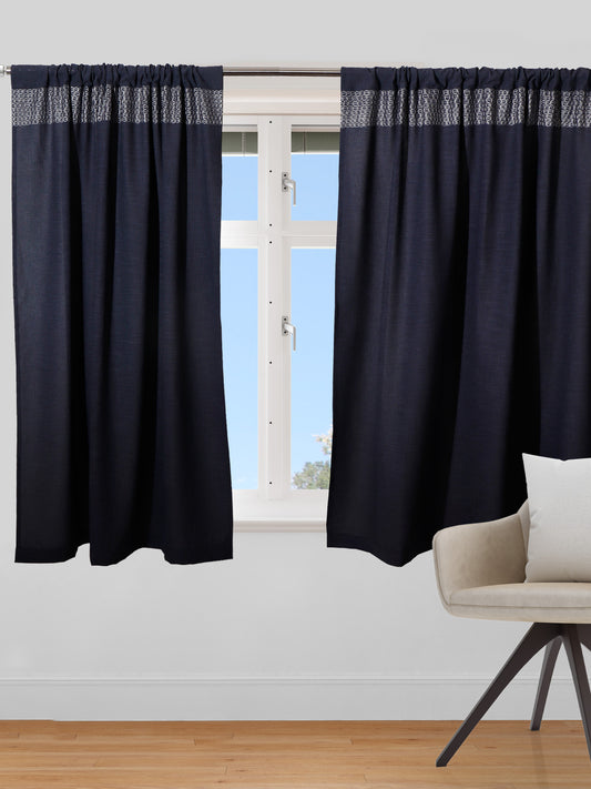 embroidered window curtain in set of 2 panels in dark blue color with rod pocket for hanging - 50x60 inches