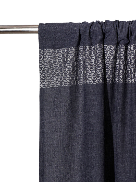 closeup of embroidered window curtain in set of 2 panels in dark blue color with rod pocket for hanging - 50x60 inches