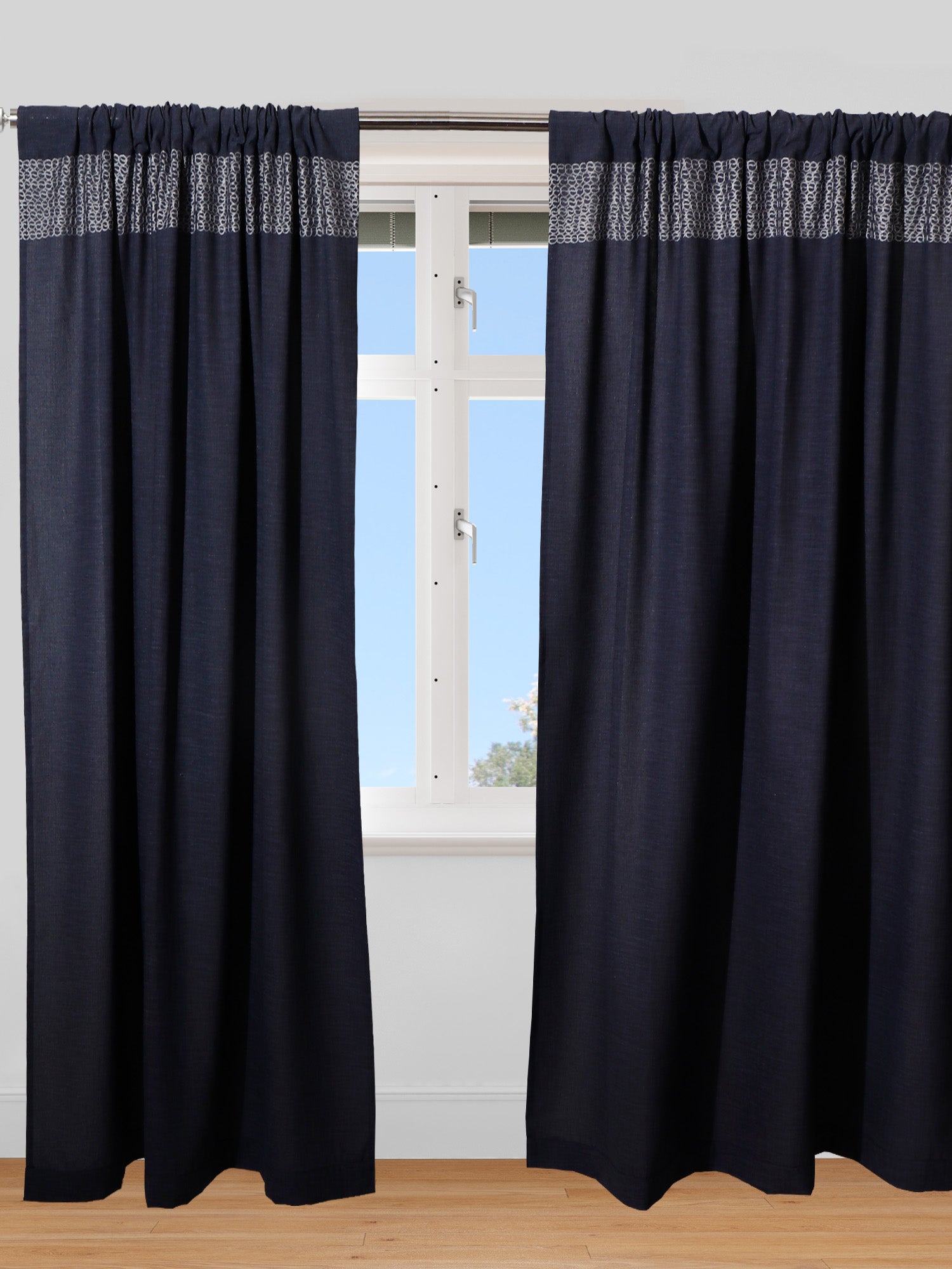 set of 2 door curtains with embroidery on top with rod pocket in dark blue color - 7 feet, 50x84 inch