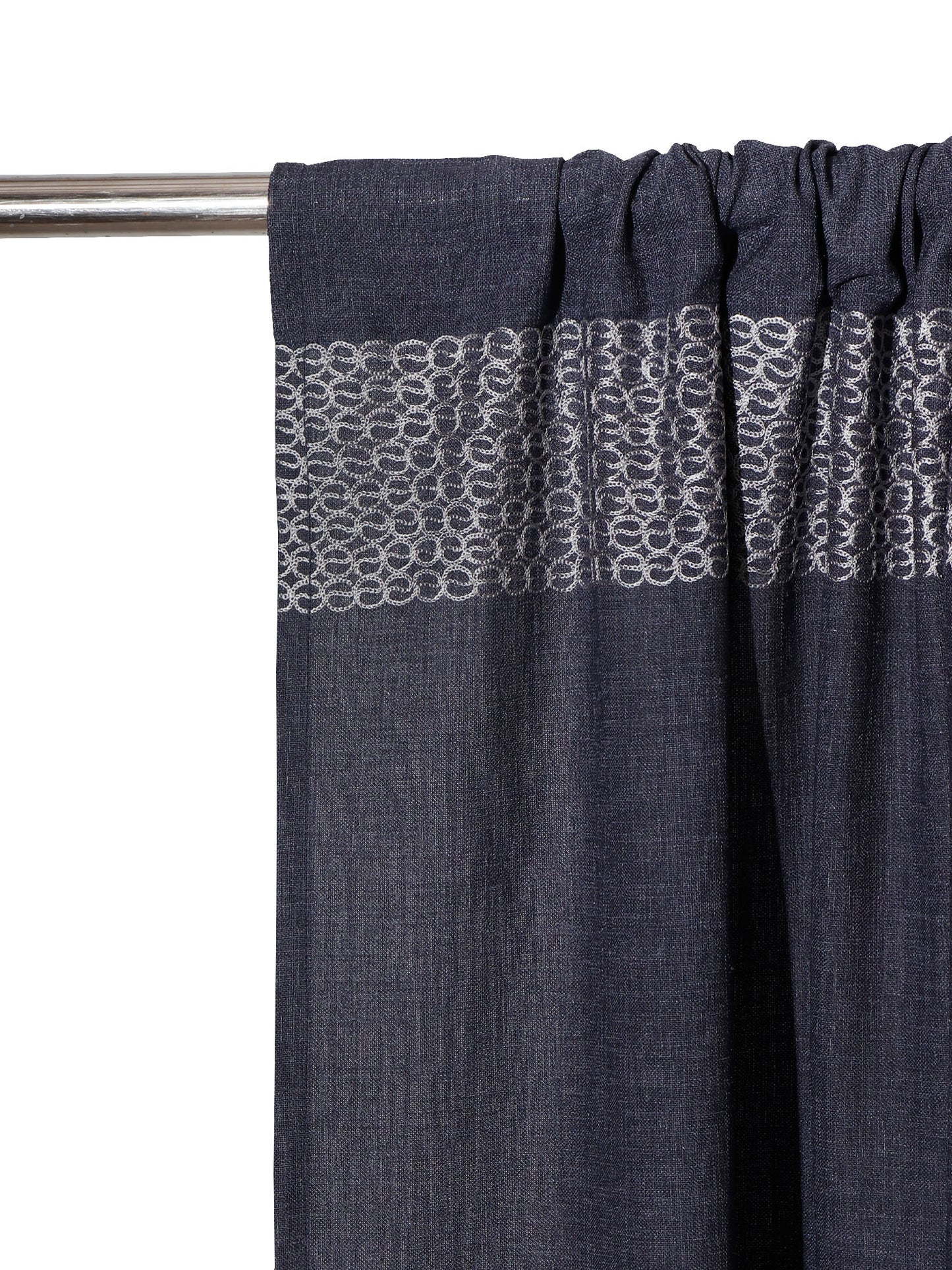 closeup of embroidered door curtains with rod pocket in dark blue color - 7 feet, 50x84 inch