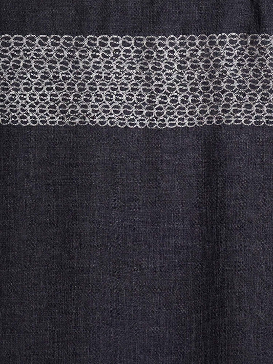 closeup of embroidered door curtains with rod pocket in dark blue color - 7 feet, 50x84 inch