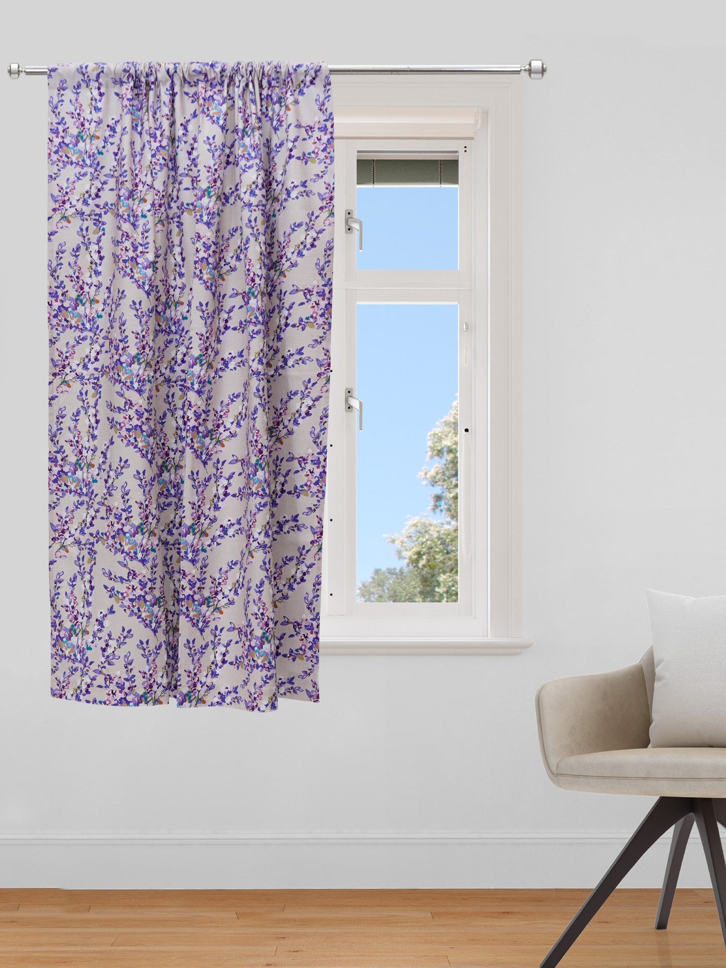 Window Curtain Cotton Blend Floral Beige with Purple - 50" X 60"