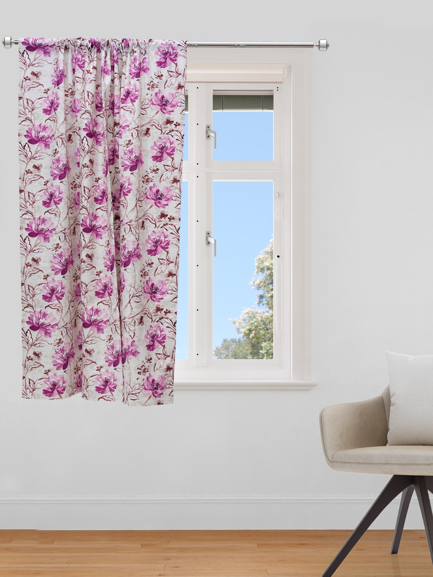 Window Curtain Cotton Blend Floral Light Beige with Magenta - 50" X 60"