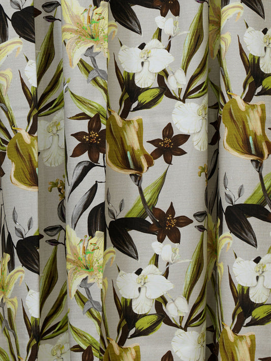 closeup of green colored floral printed window curtain with rodpocket - 50x60 inch