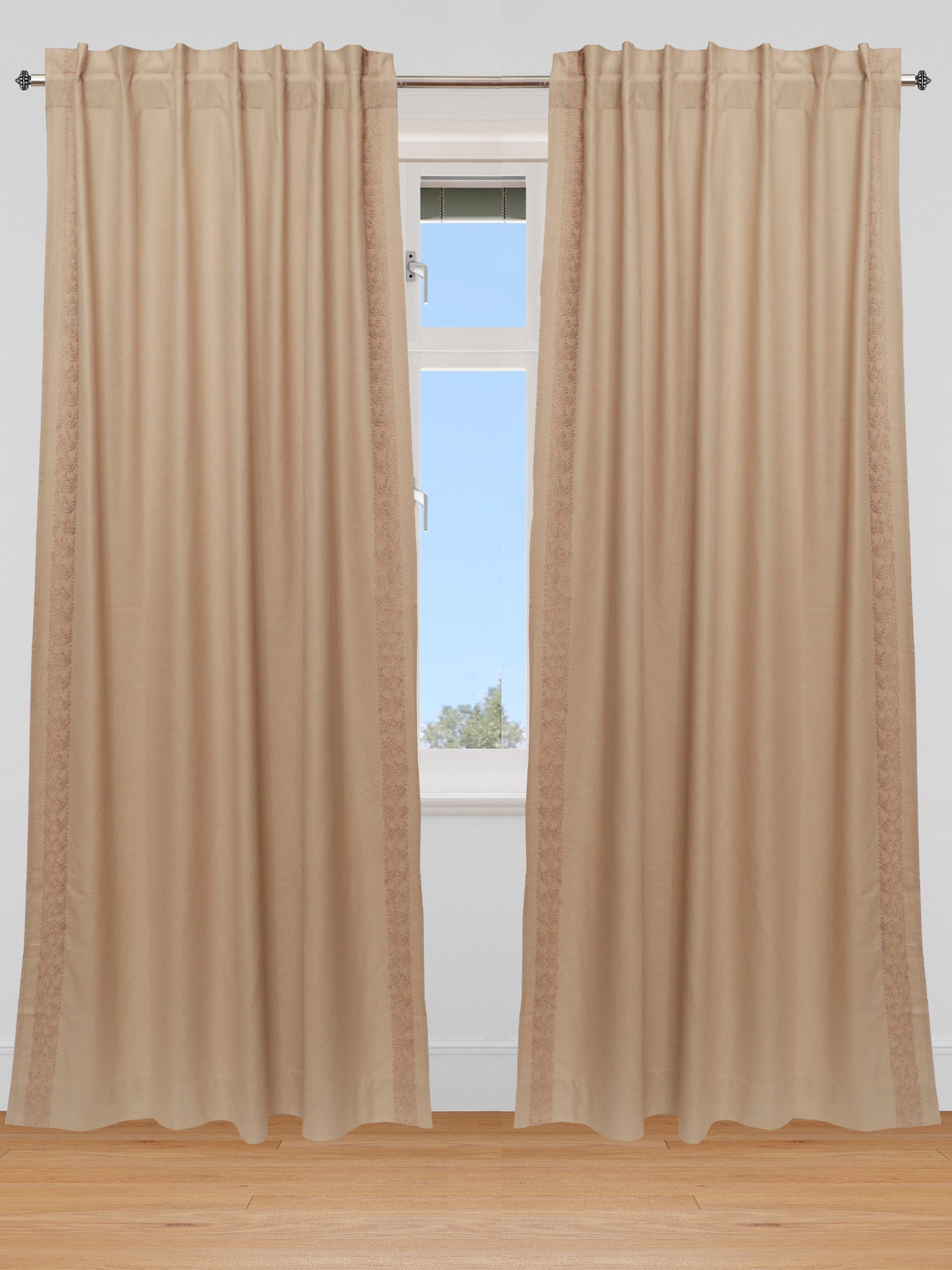 Set of 2, door curtains with embroidery with rod pocket in beige, 7.5 feet - 52x90 inch