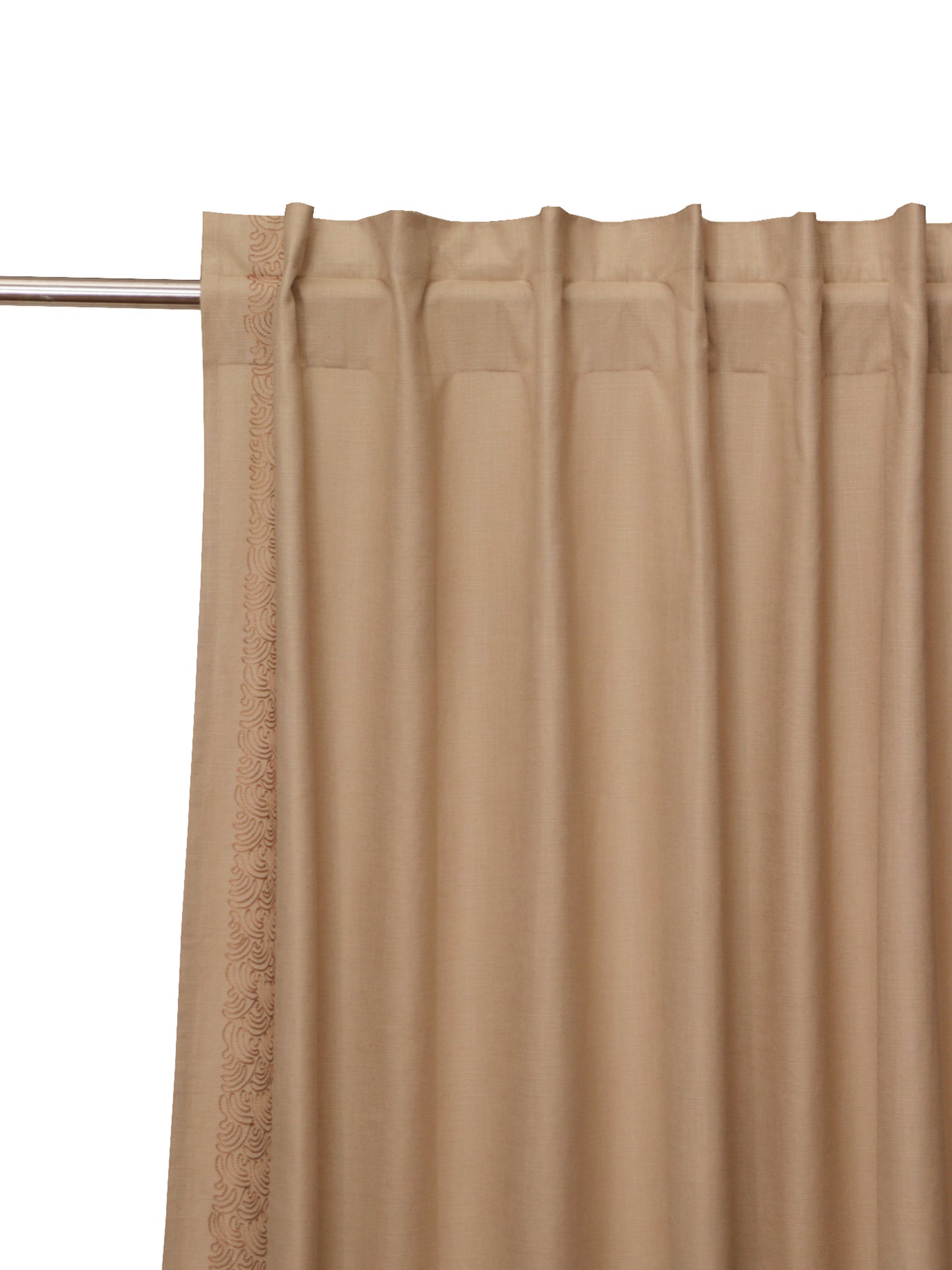 closeup of embroidered door curtains with rod pocket in beige, 7.5 feet - 52x90 inch