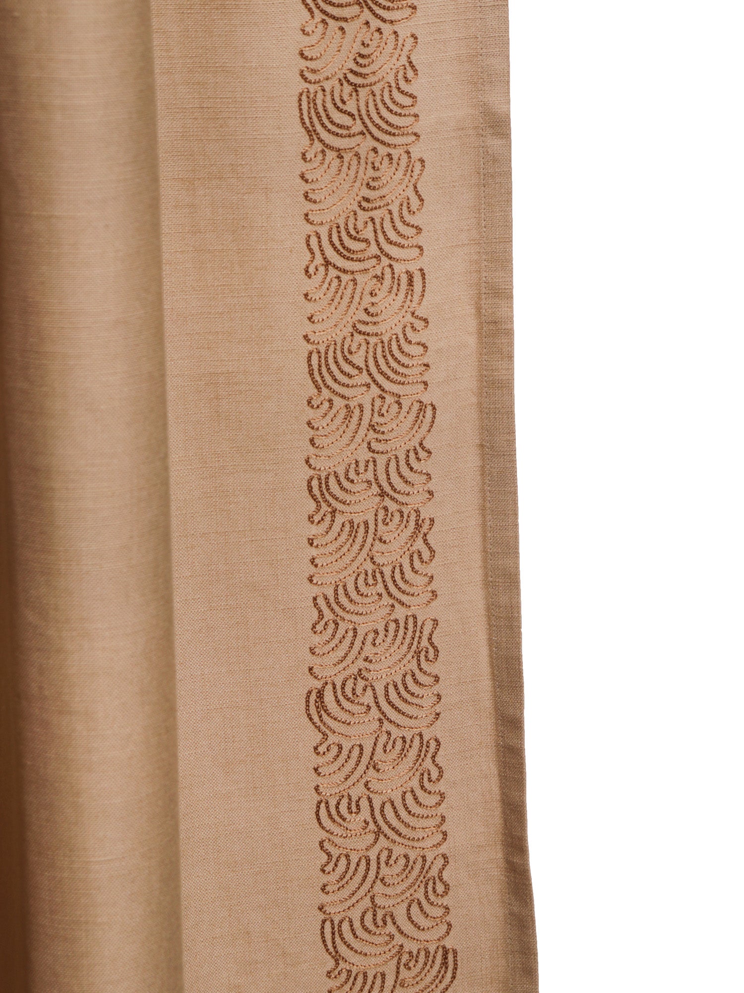 closeup of side embroidered door curtains with rod pocket in beige, 7.5 feet - 52x90 inch
