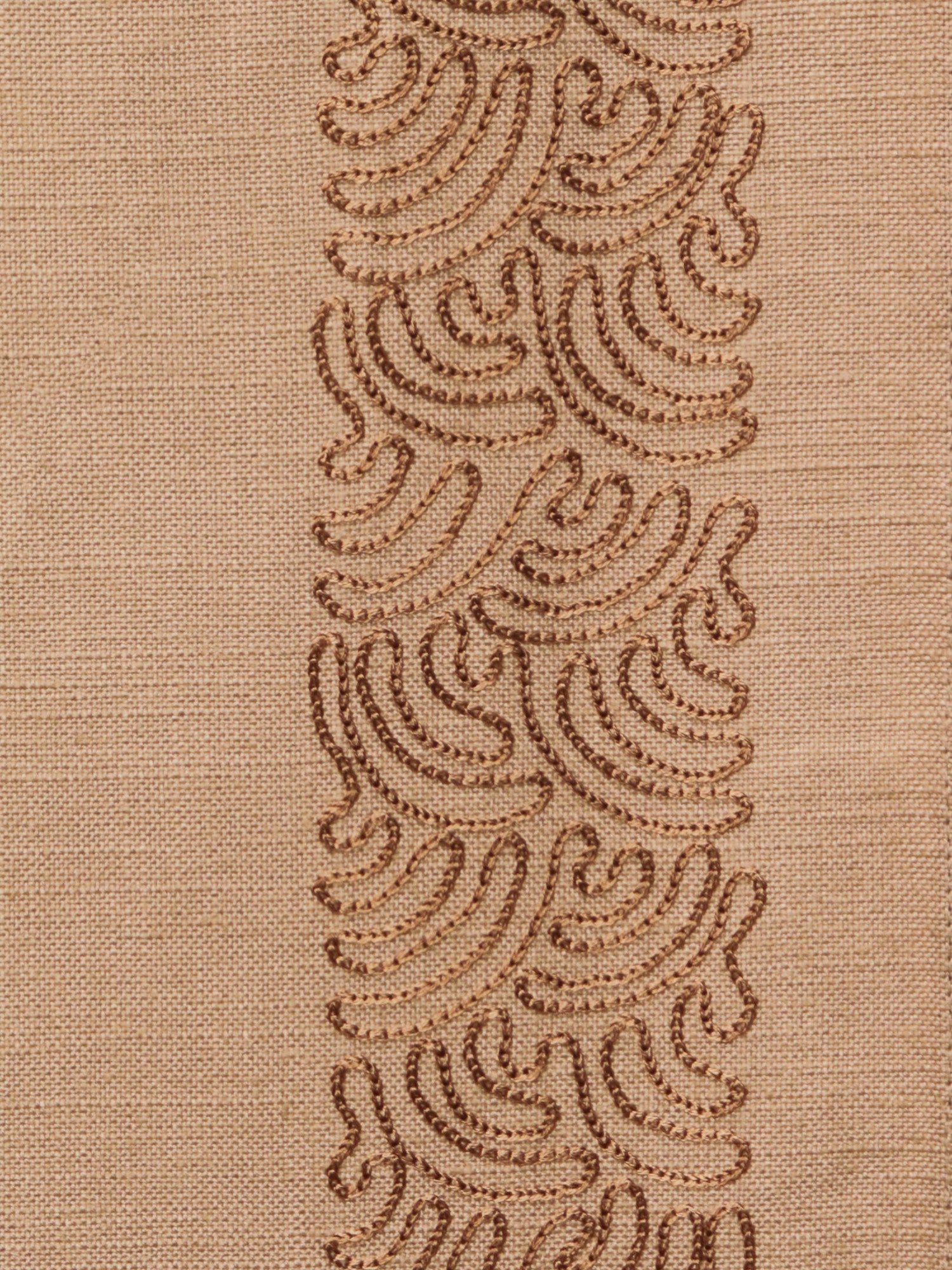 closeup of embroidered door curtains with rod pocket in beige, 7.5 feet - 52x90 inch