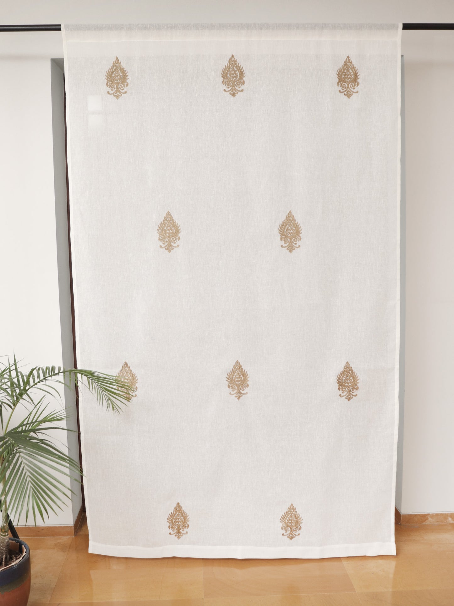 Door Semi Transparent Sheer Polyester with Golden Embroidered Motif Beige - 54" x 84"