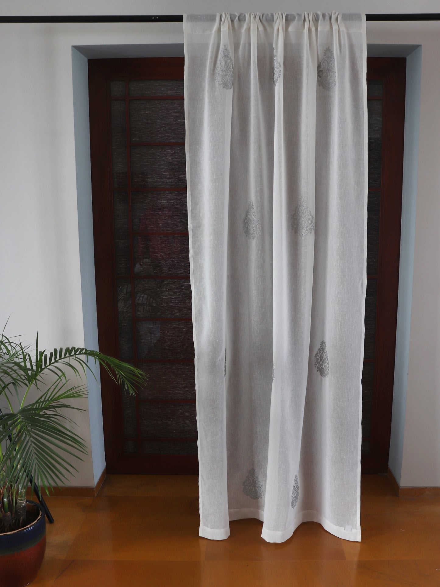 Door Semi Transparent Sheer Polyester with Silver Embroidered Motif White - 54" x 84"