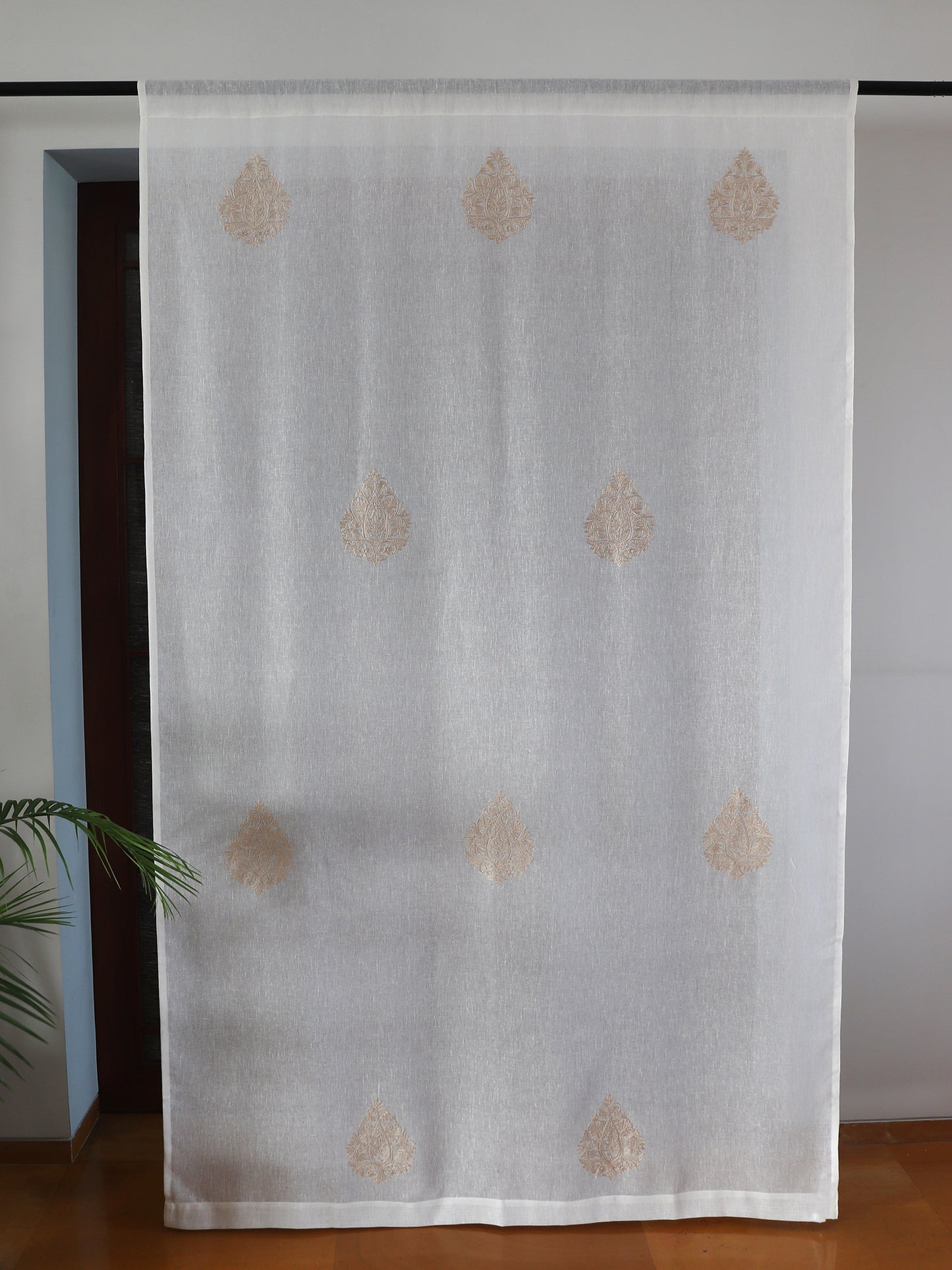 Door Semi Transparent Sheer Polyester with Golden Embroidered Motif White - 54" x 84"