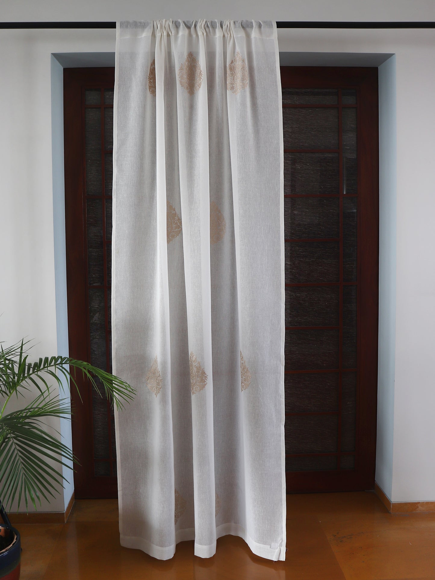 Door Semi Transparent Sheer Polyester with Golden Embroidered Motif White - 54" x 84"