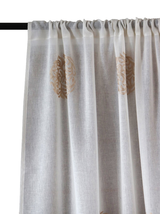 Door Semi Transparent Sheer Polyester with Golden Floral Embroidery Beige - 54" x 84"